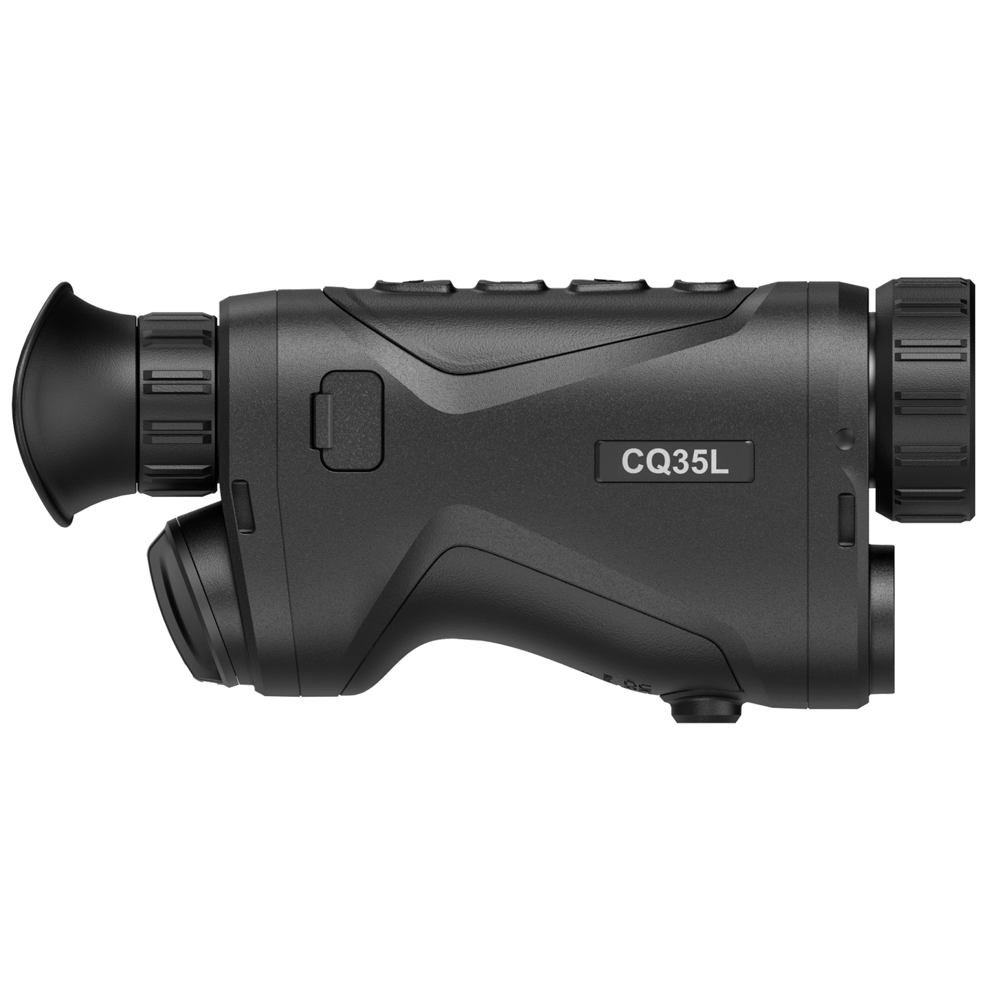 Side view of the HikMicro Condor CQ35L thermal monocular, prominently displaying the model label "CQ35L". This monocular is best suited for hunting and security surveillance, featuring an integrated rangefinder. Its sleek black design and ergonomic grip make it a top choice for those seeking a thermal monocular with rangefinder capabilities.