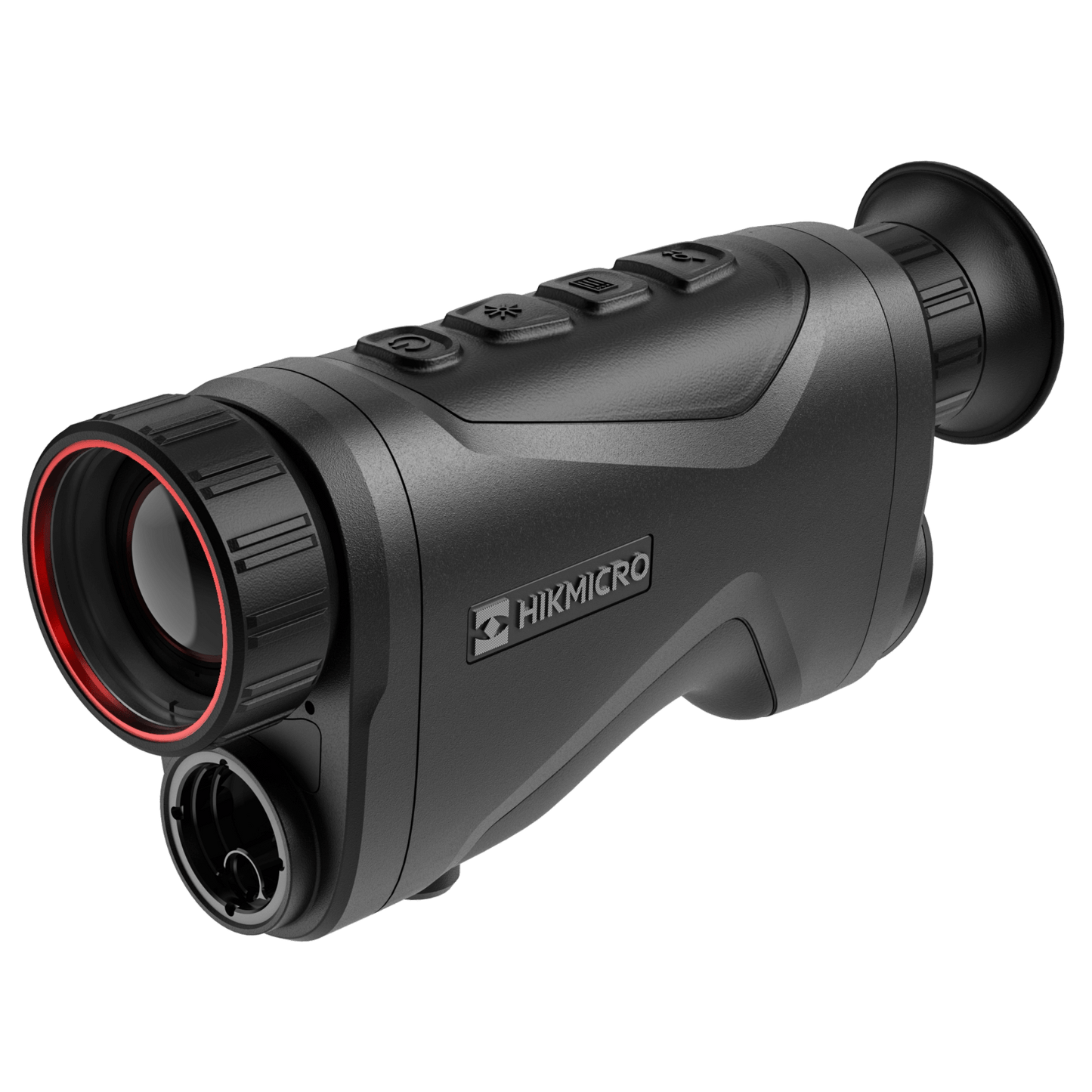 Front view of the HikMicro Condor CQ35L thermal monocular with laser rangefinder, highlighting the prominent germanium lens circled in red and the adjacent laser rangefinder. The sleek black design contrasts with the silver HikMicro logo, and tactile buttons are visible on top.