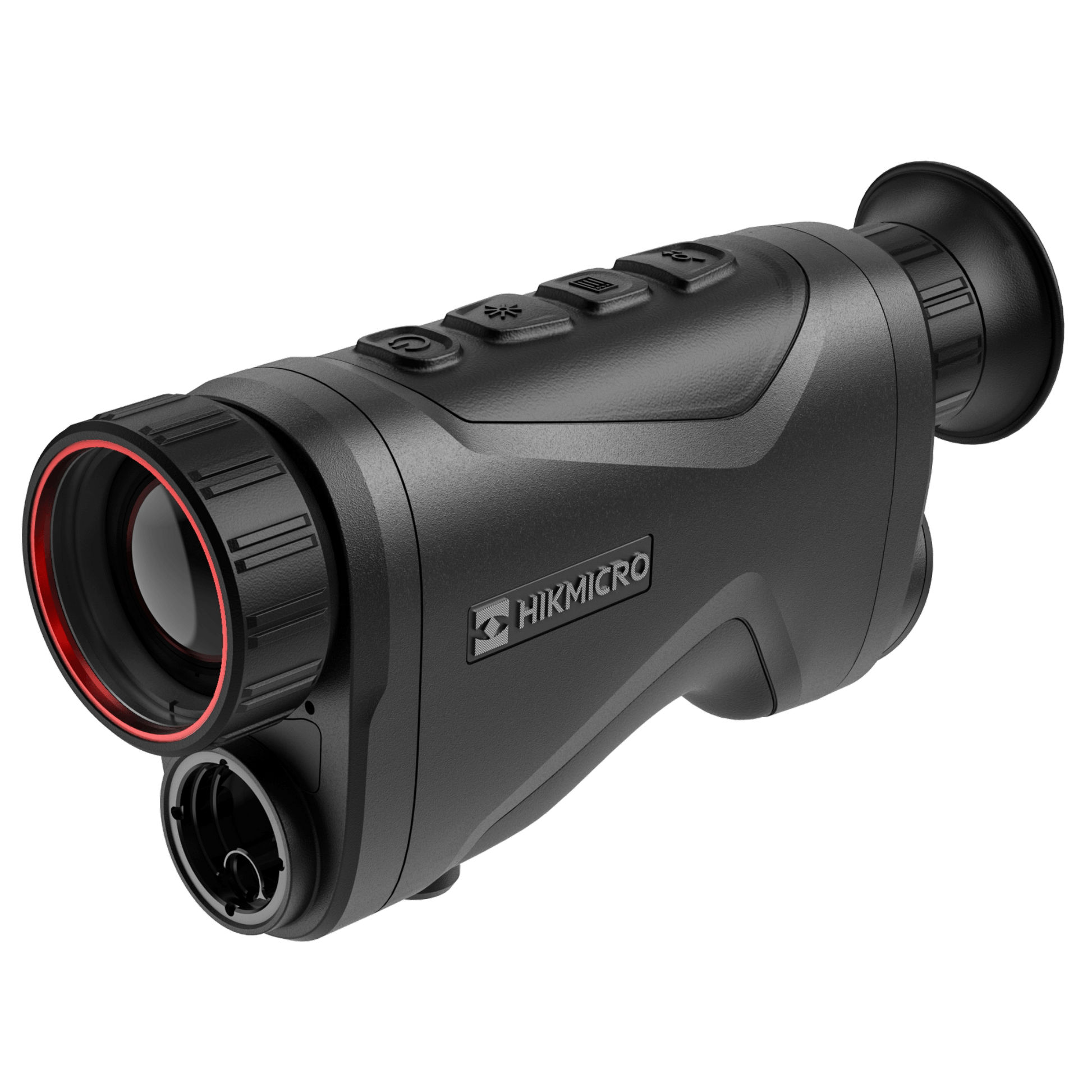 Front view of the HikMicro Condor CQ35L thermal monocular with laser rangefinder, highlighting the prominent germanium lens circled in red and the adjacent laser rangefinder. The sleek black design contrasts with the silver HikMicro logo, and tactile buttons are visible on top.