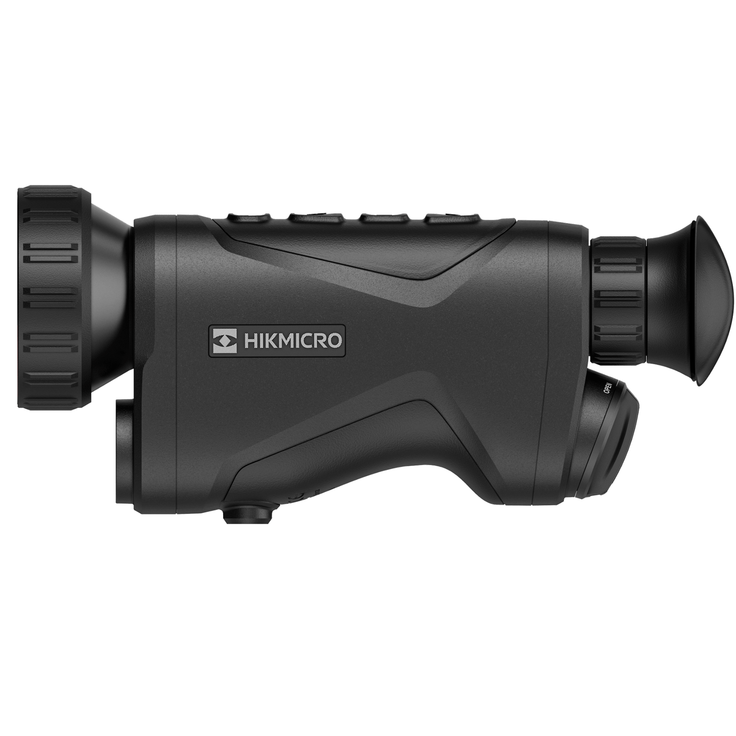 Side profile of the HikMicro Condor CQ50L thermal monocular. Featuring a sleek design and built-in rangefinder, it stands out as a leading choice for hunting, as well as security and surveillance purposes. Renowned as one of the best thermal monoculars with rangefinder capabilities