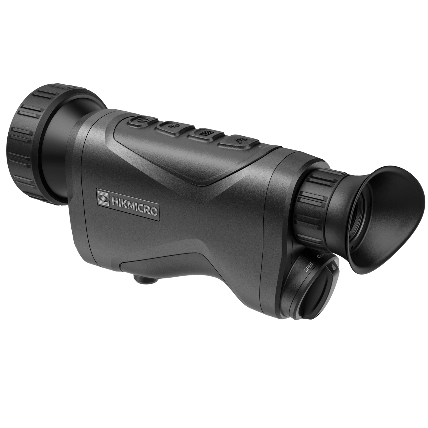 Rear view of the HikMicro Condor CQ50L thermal monocular, showcasing its detailed eyepiece and battery compartment. Designed for optimal performance in hunting, as well as security and surveillance. Recognized as one of the top thermal monoculars with an integrated rangefinder.