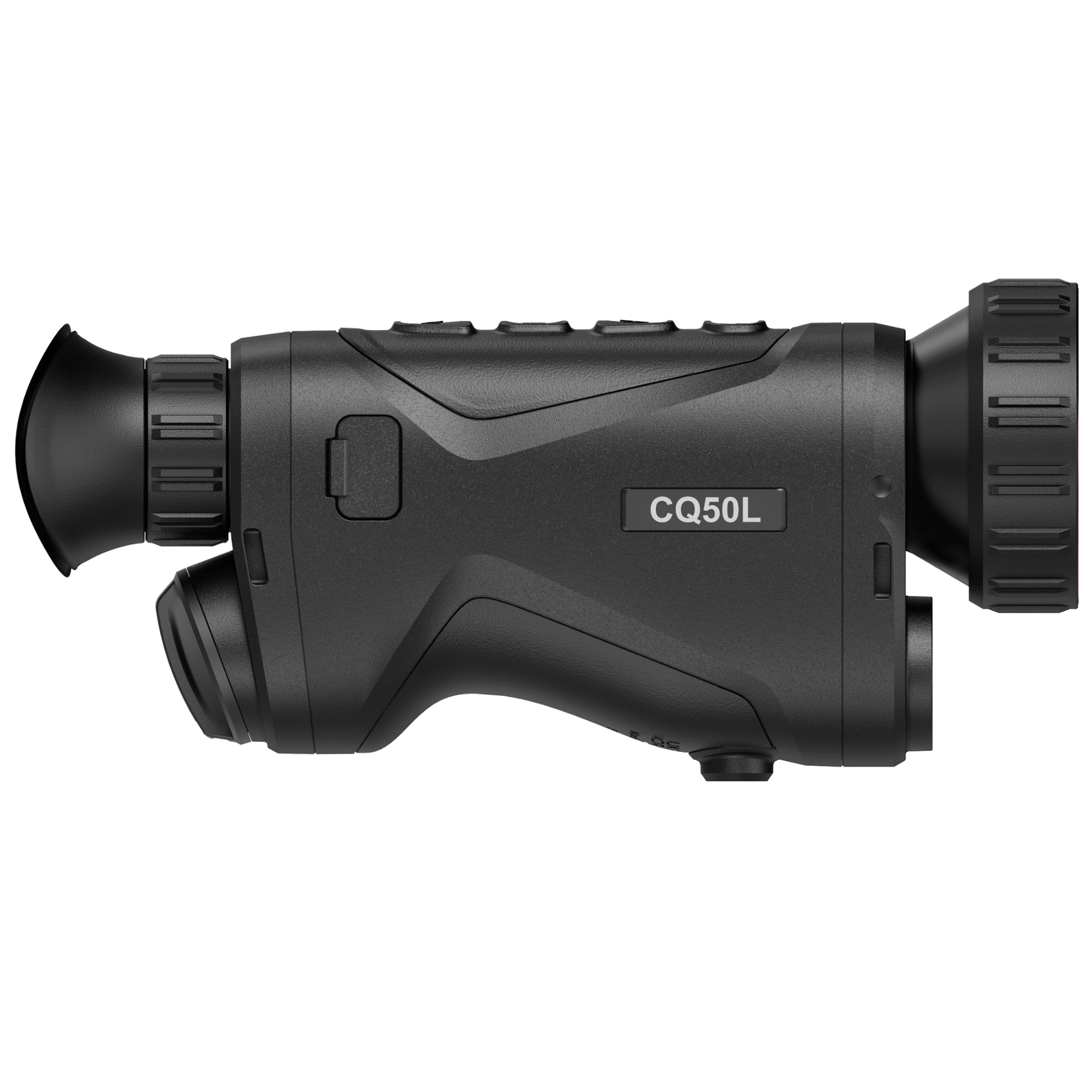 Side view of the HikMicro Condor CQ50L thermal monocular, highlighting its sleek design and CQ50L branding. A leading choice for both hunting and security/surveillance, this device boasts an integrated rangefinder for precision and clarity.