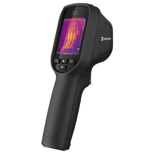 HikMicro E1L Handheld Thermal Camera View of Screen and Buttons from Rear Right Side
