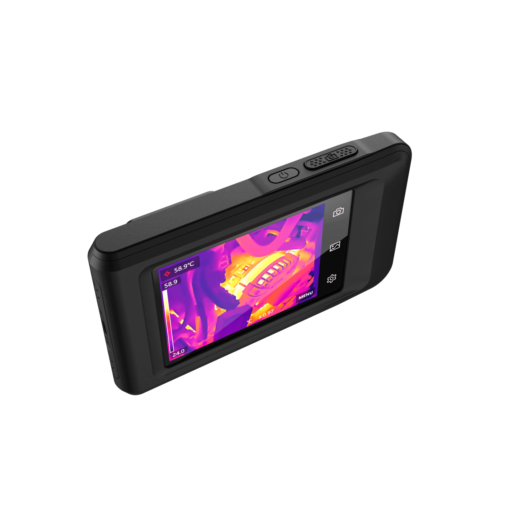 HikMicro Pocket 1 Handheld Thermography Camera Screen view from above showing power and image capture buttons