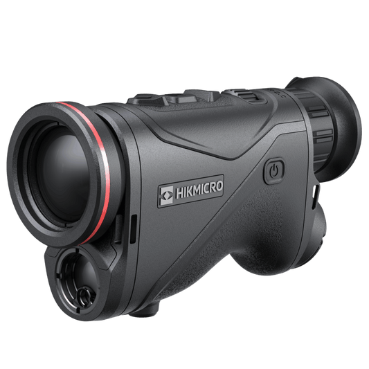 Hikmicro Condor LRF CQ50L 2.0 handheld thermal monocular showing the 50mm objective lens, integrated laser rangefinder, and left-side logo