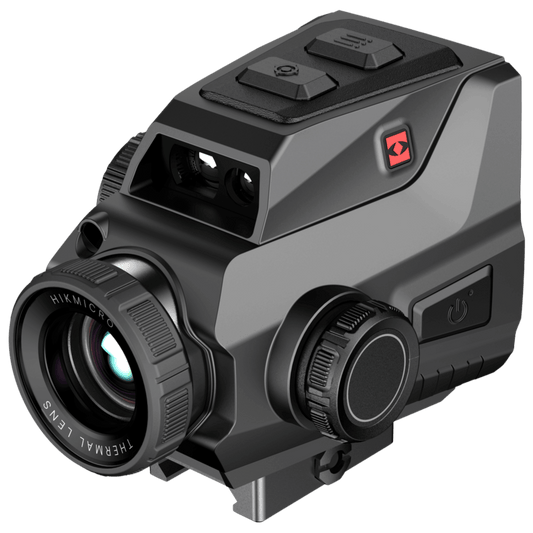 Facing front right: Hikmicro HIKTac TC19L thermal sight featuring prominent Hikmicro logo, tactile objective focus wheel, and built-in QD Picatinny mount