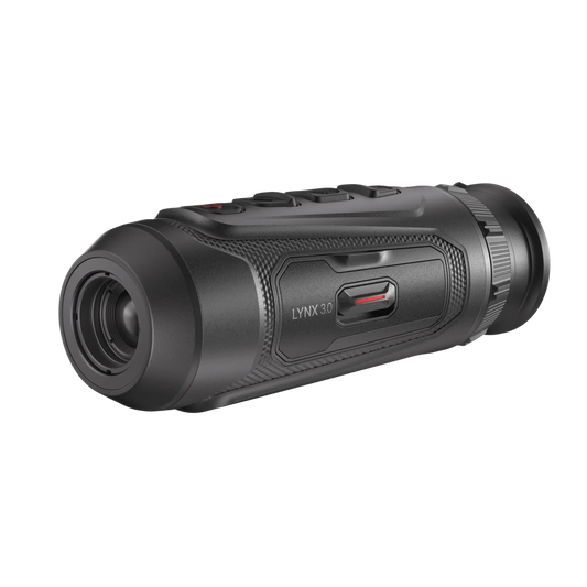 Front-right view of the Hikmicro Lynx LH15 3.0 thermal monocular, displaying the 15mm objective lens and the LH15 model number on the housing