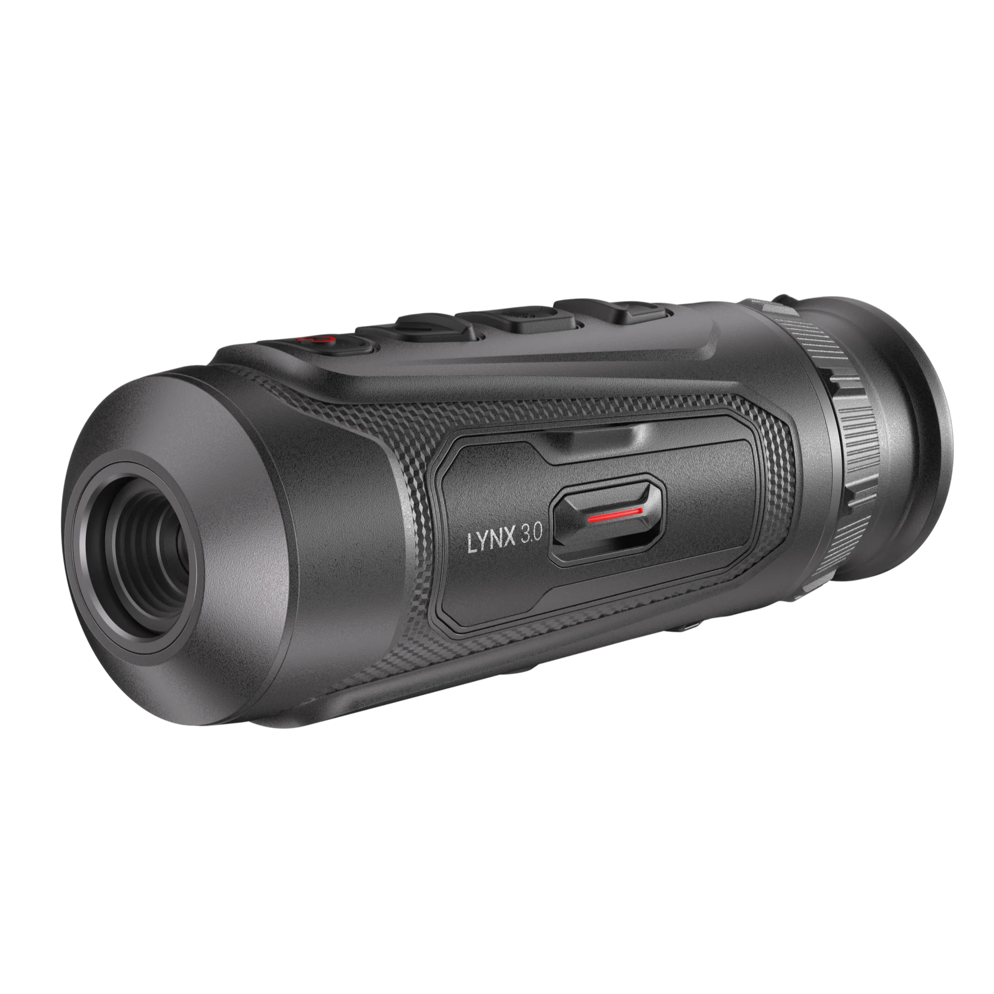 Hikmicro Lynx LE10 thermal monocular handheld device; compact black design with objective lens and top-mounted control buttons for hunting and security. Front Right view of thermal monocular