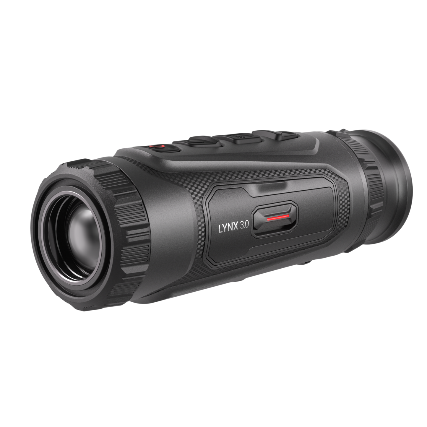 Front-right facing view of the Hikmicro Lynx LH25 3.0 Thermal Monocular, displaying the Lynx 3.0 model name, the 25mm objective lens with manual focus ring, and the accessible battery compartment."