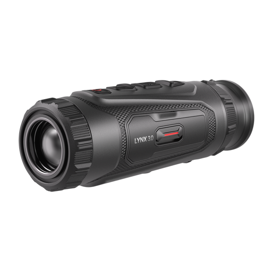 Front-right facing view of the Hikmicro Lynx LH25 3.0 Thermal Monocular, displaying the Lynx 3.0 model name, the 25mm objective lens with manual focus ring, and the accessible battery compartment."