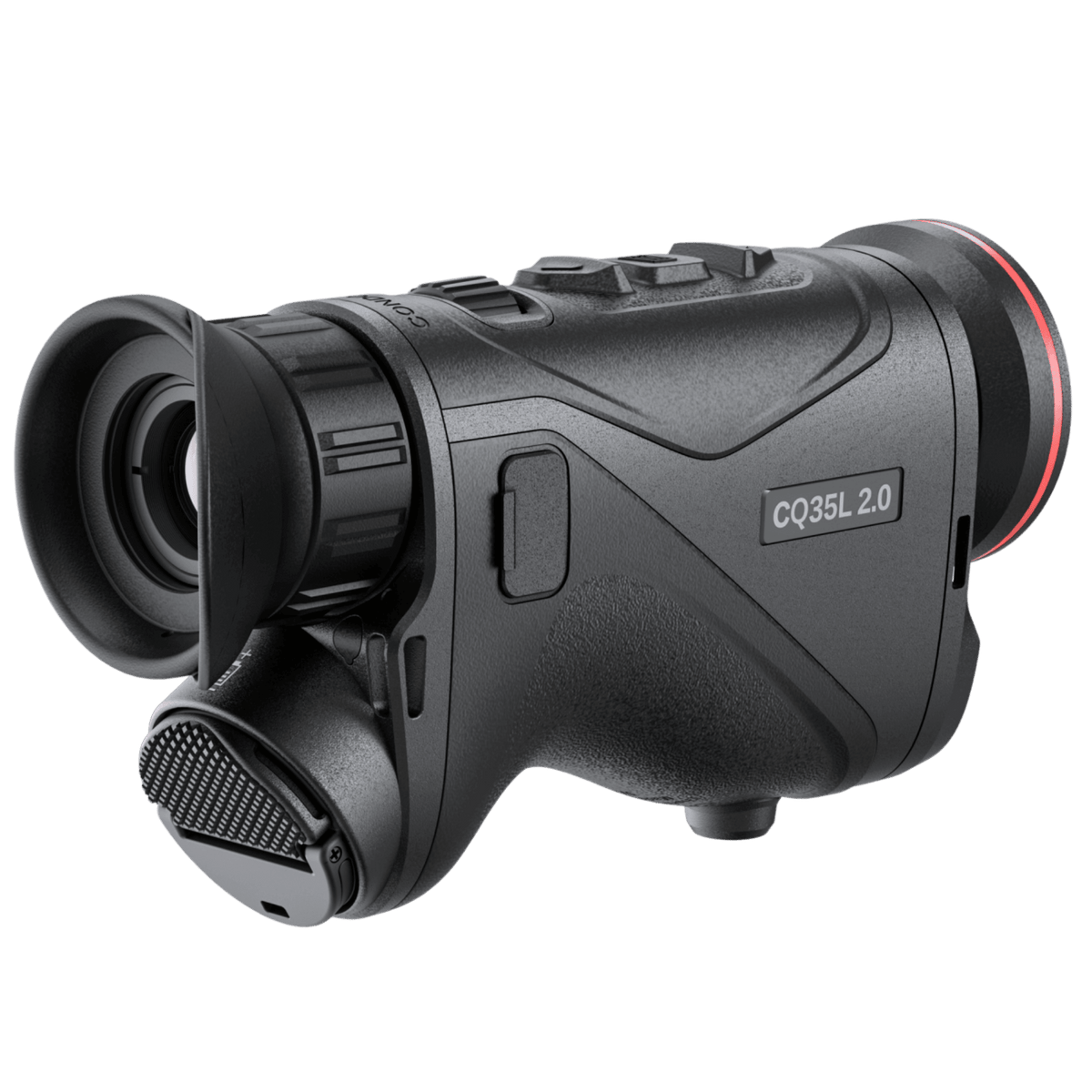 Hikmicro Condor LRF CQ50L 2.0 right perspective showing the cylindrical magnesium-alloy body, front objective bezel, and textured finish