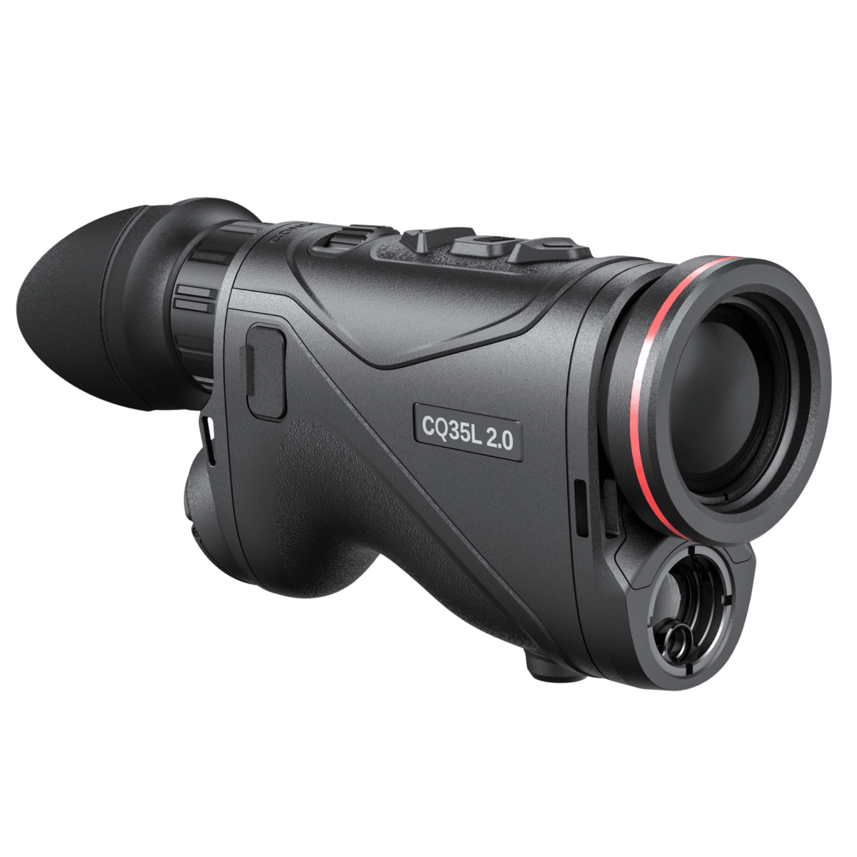 Hikmicro Condor LRF CQ50L 2.0 thermal monocular front angle highlighting the 50mm F0.9 Germanium lens, red accent ring, and lower LRF module