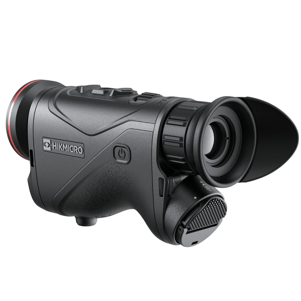 Hikmicro Condor LRF CQ50L 2.0 rear angled view displaying the ergonomic rubber ocular eyecup, diopter adjustment, and left side profile