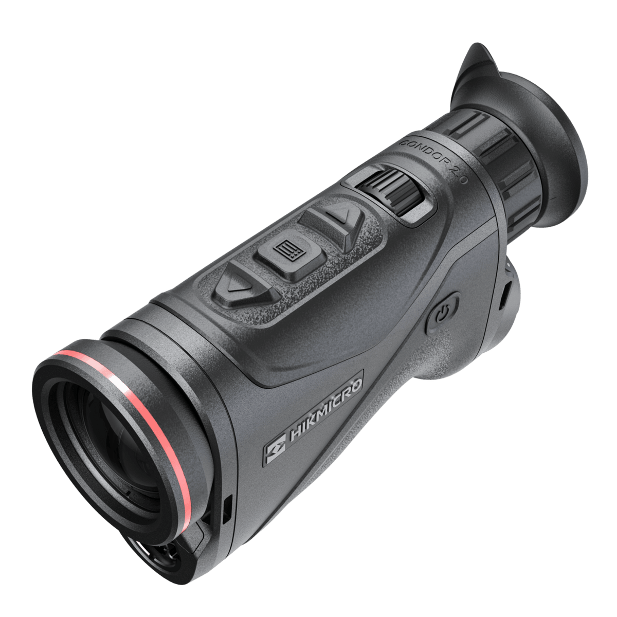 Hikmicro Condor LRF CQ50L 2.0 top perspective displaying tactile push-button controls, rear focus wheel, and compact handheld layout