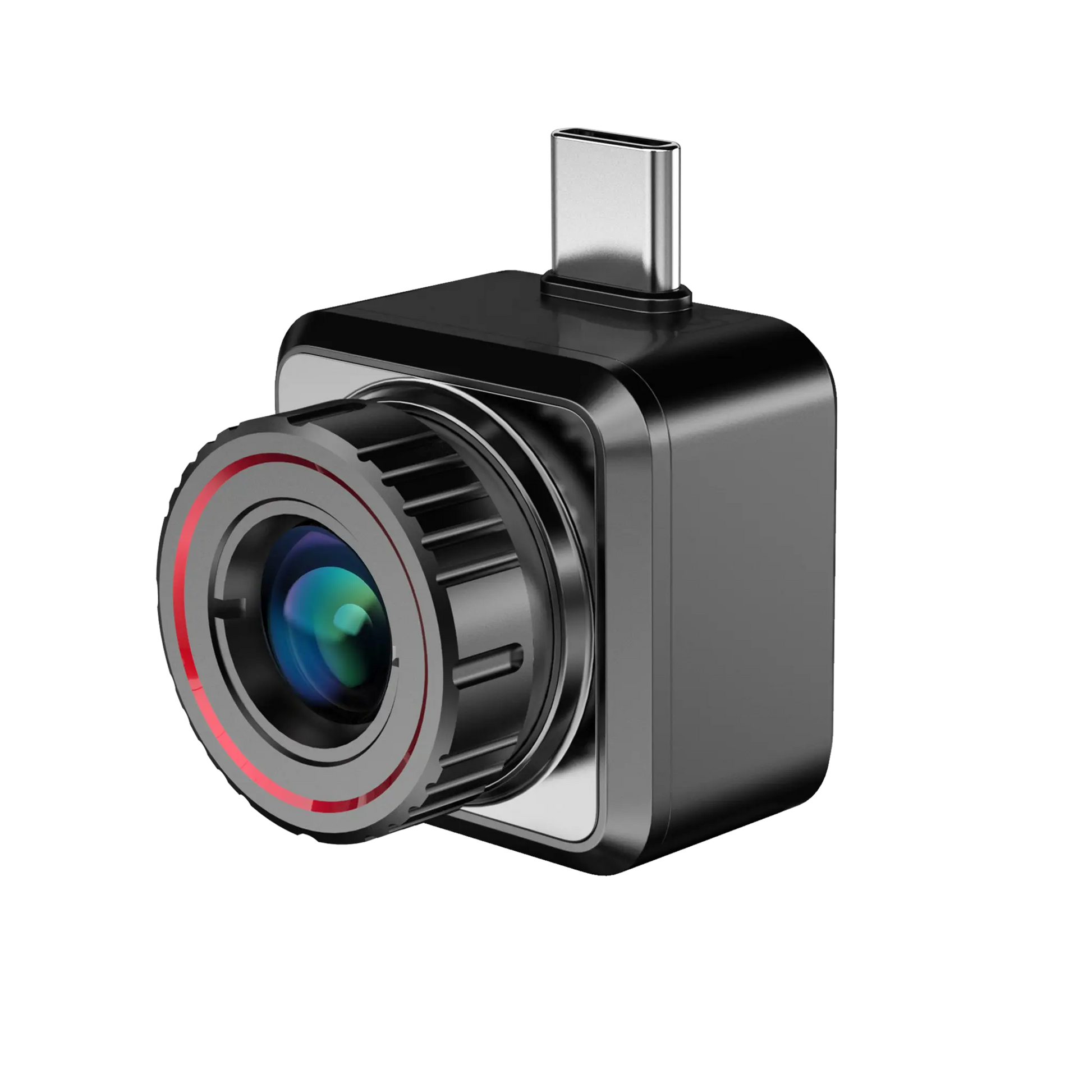 A black Hikmicro Explorer E20 Plus thermal camera with a red ring around the lens and a USB-C connector.