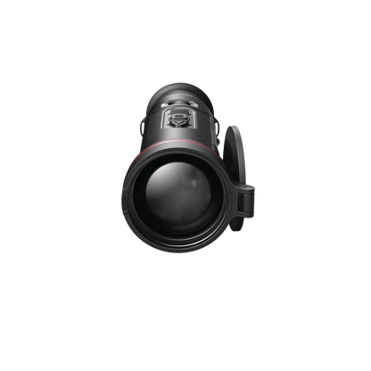 A direct front view of the Hikmicro Falcon FQ50 2.0 thermal monocular, prominently displaying its large objective lens.