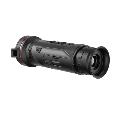 A rear-left view of the Hikmicro Falcon FQ50 2.0 thermal monocular, highlighting the eyepiece, control buttons, and the textured grip.