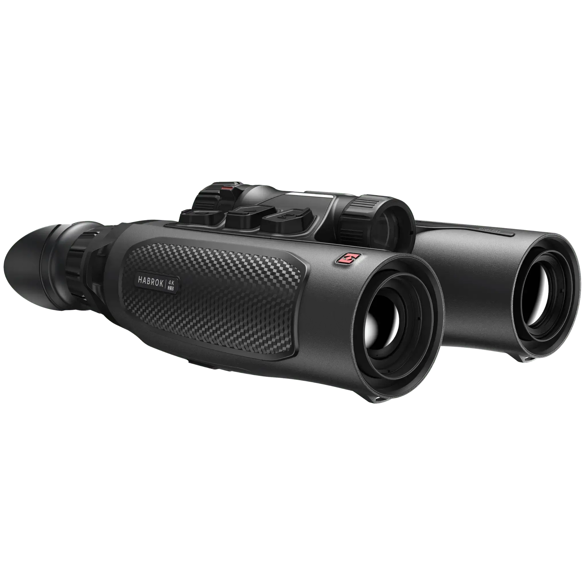 Facing front-right: HIKMICRO HE25L 2.0 highlighting the 256x192 thermal sensor and replaceable IR illuminator.