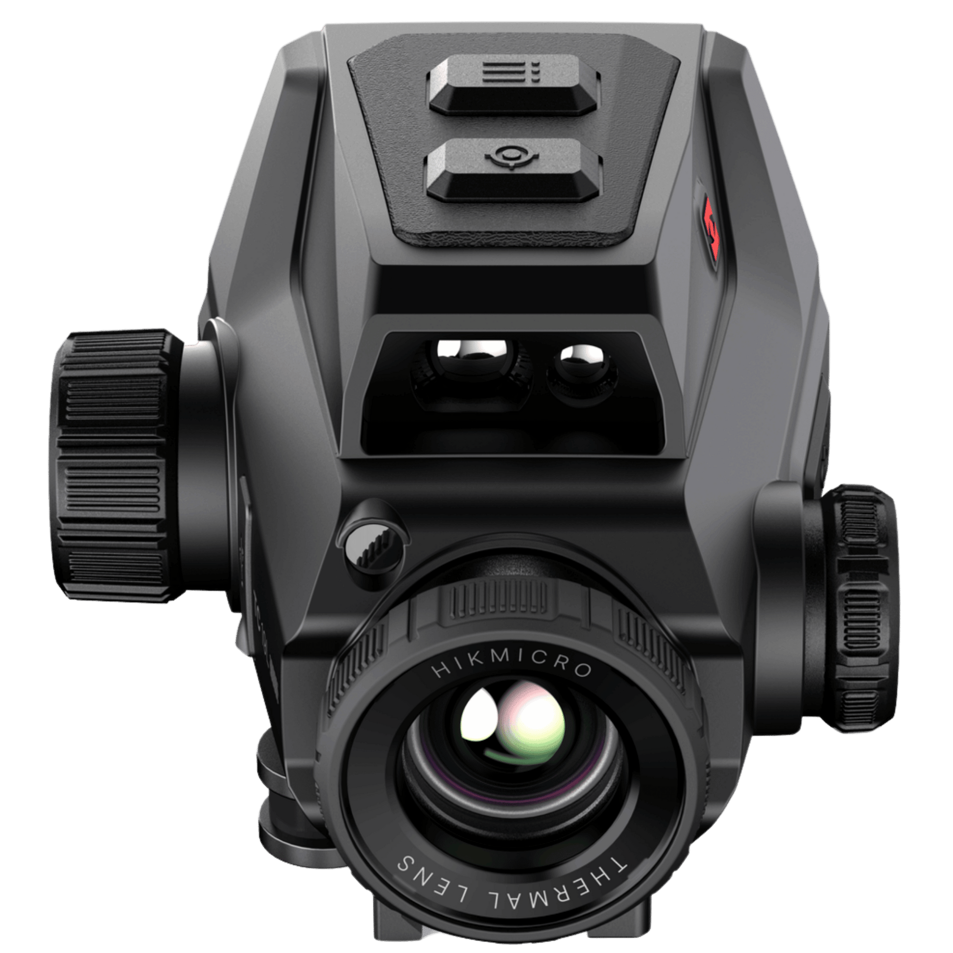 Facing front angled down: Elevated front perspective of the Hikmicro HIKTac TC19L displaying the Killflash honeycomb lens cover, LRF lens, and QD Picatinny locking mechanism