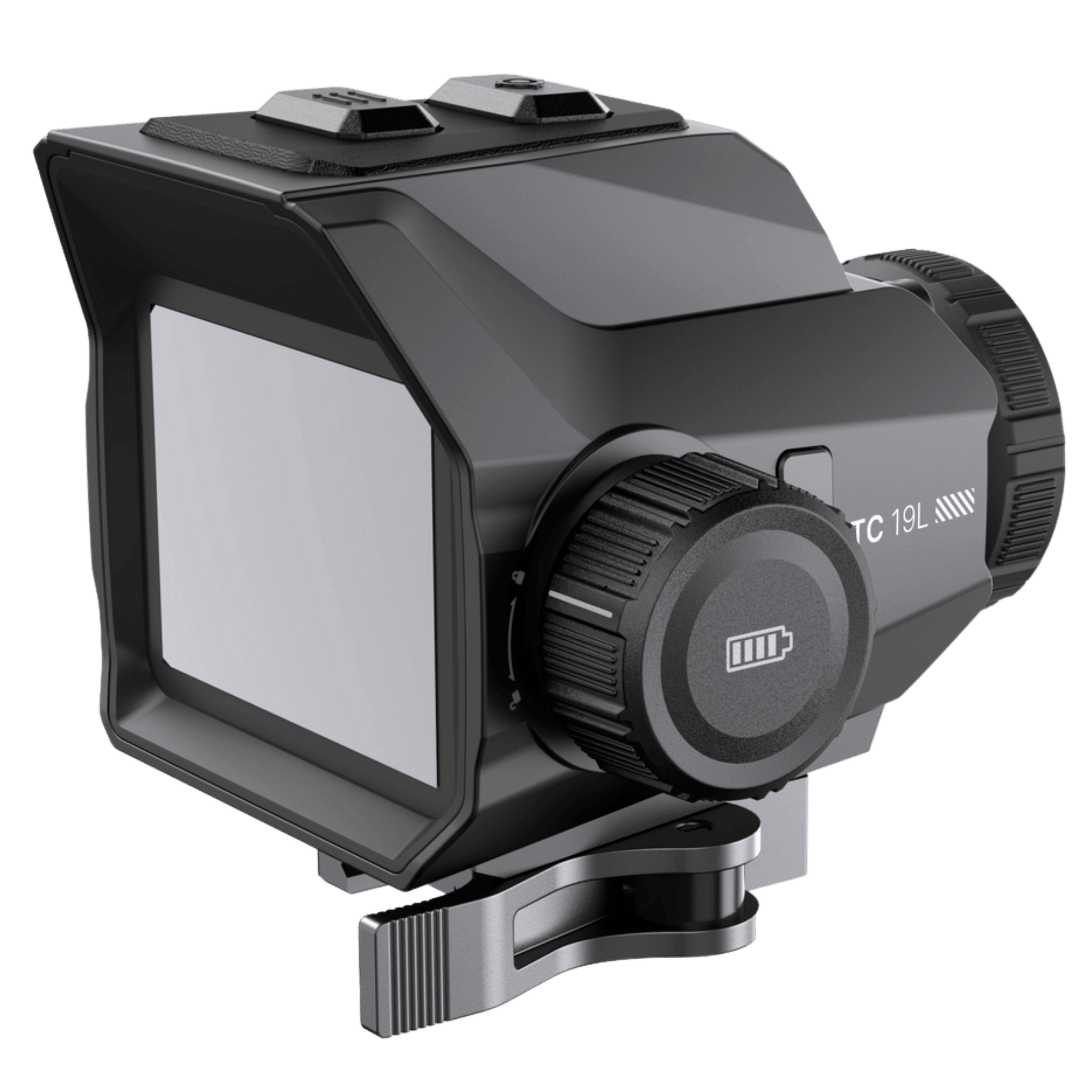Facing rear right: View of the Hikmicro HIKTac TC19L thermal scope showing the massive 3.1-inch AMOLED display, side rotary control dial, and eye-level screen housing.