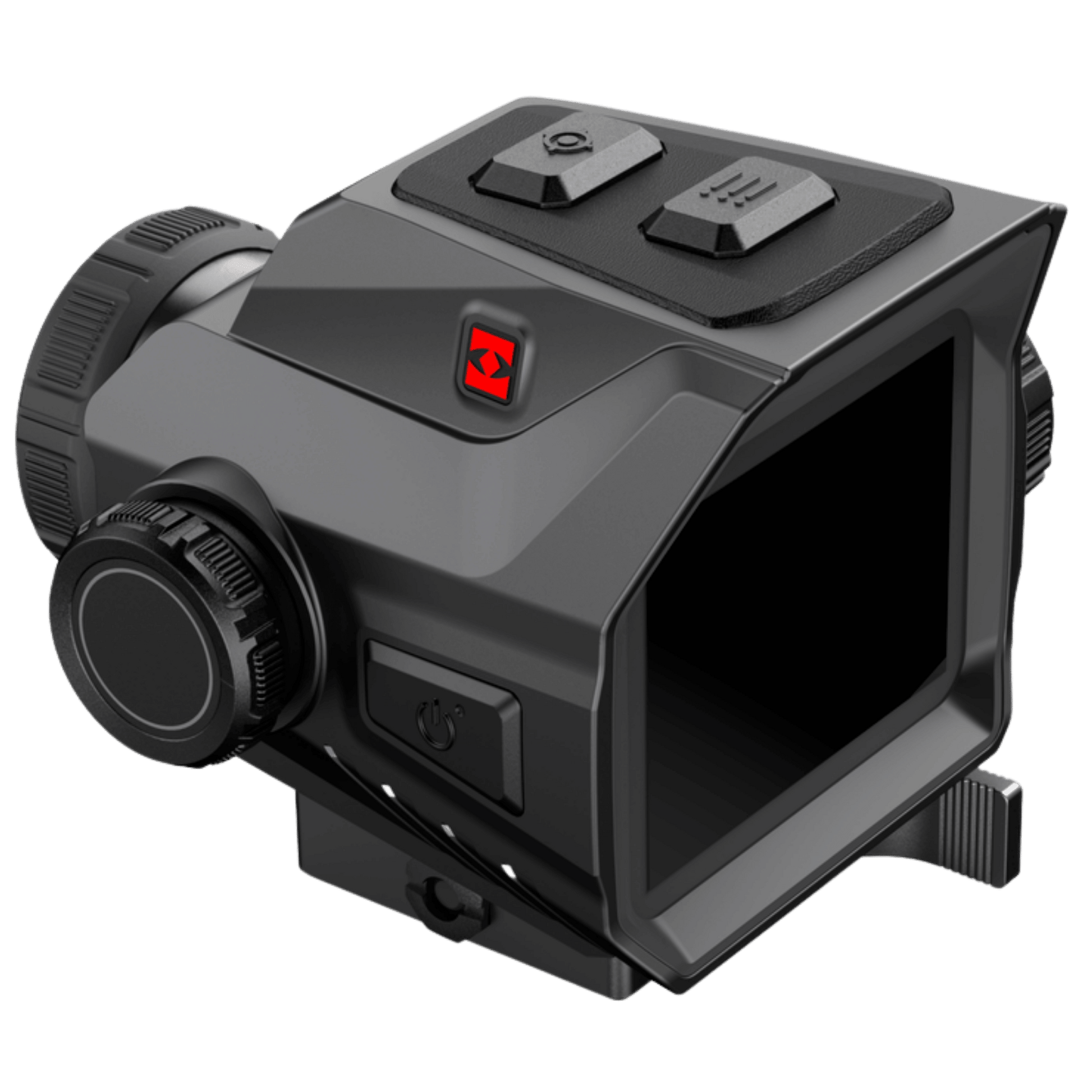 Facing rear: Back view of the Hikmicro HIKTac TC19L thermal optic displaying large 3.1-inch square AMOLED screen and side control dial
