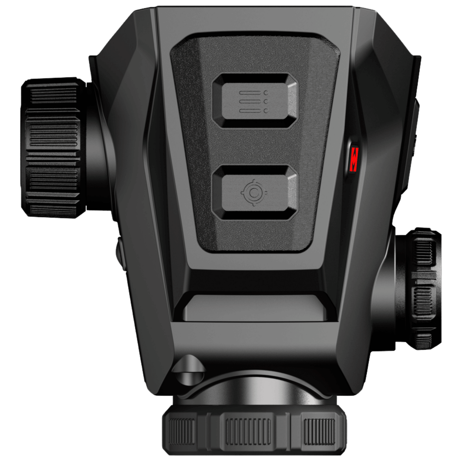 Top-down view: Overhead perspective of the Hikmicro HIKTac TC19L thermal sight detailing the laser rangefinder module, top control layout, and compact chassis footprint