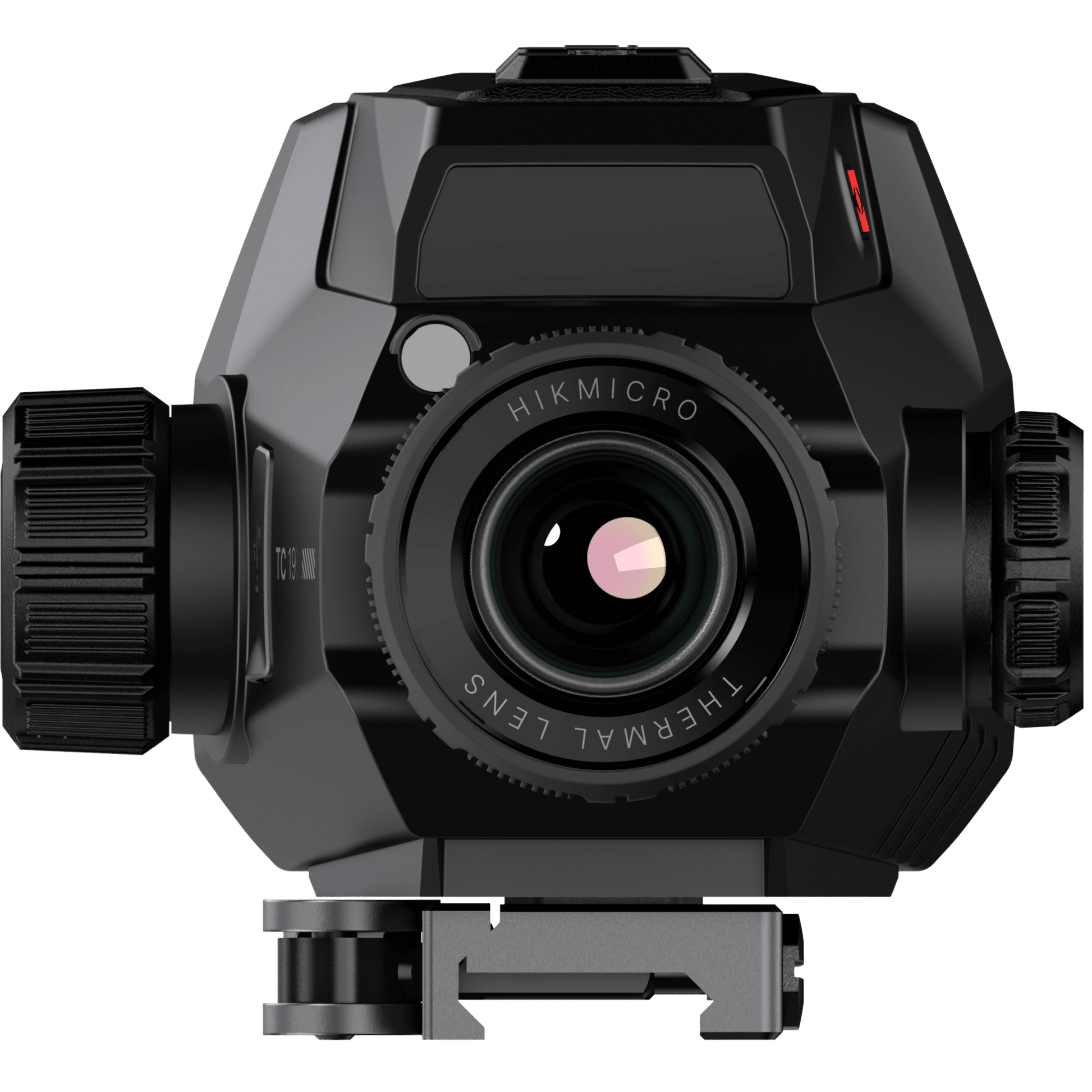 Facing front: Direct view of the Hikmicro HIKTac TC19 tactical thermal scope highlighting the integrated honeycomb structure Killflash objective lens protector and compact rugged housing