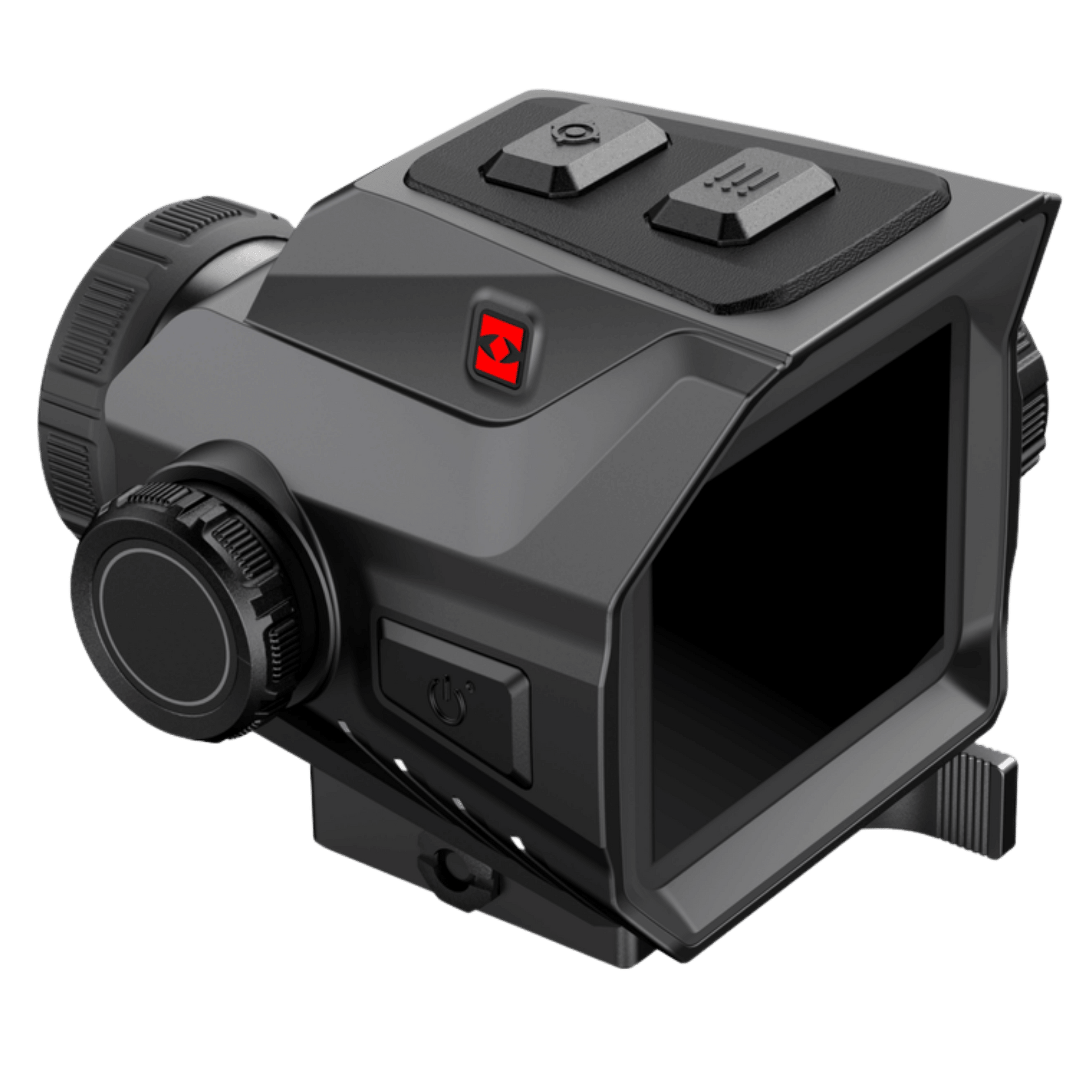 Facing rear-left: Rear layout of the Hikmicro HIKTac TC19 tactical thermal sight showcasing the massive 3.1-inch immersive square AMOLED display window and surrounding modular chassis structure