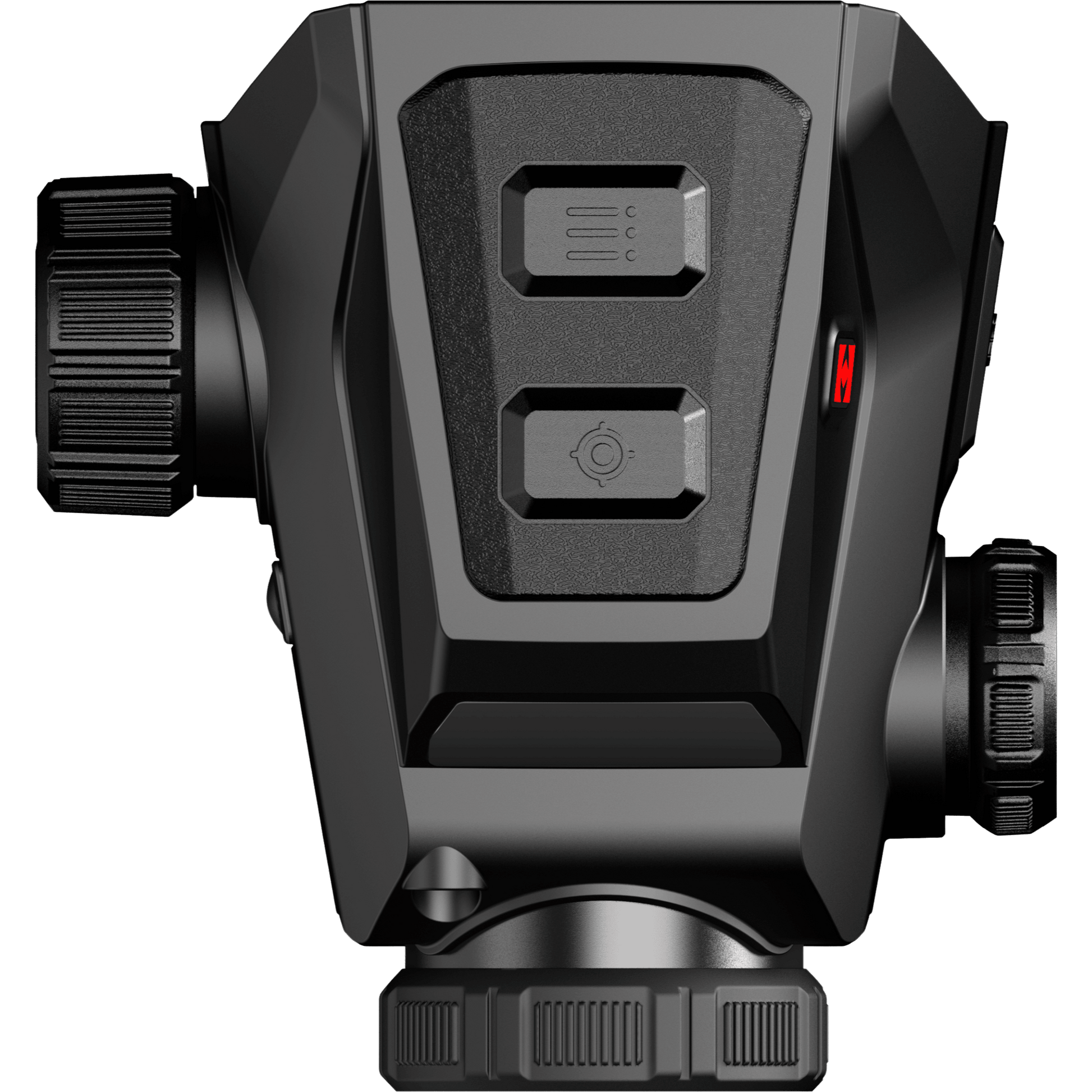 acing top down: Overview of the Hikmicro HIKTac TC19 thermal sight showcasing the ergonomic top rubber control button array and slim length dimension of the compact weapon mount housing