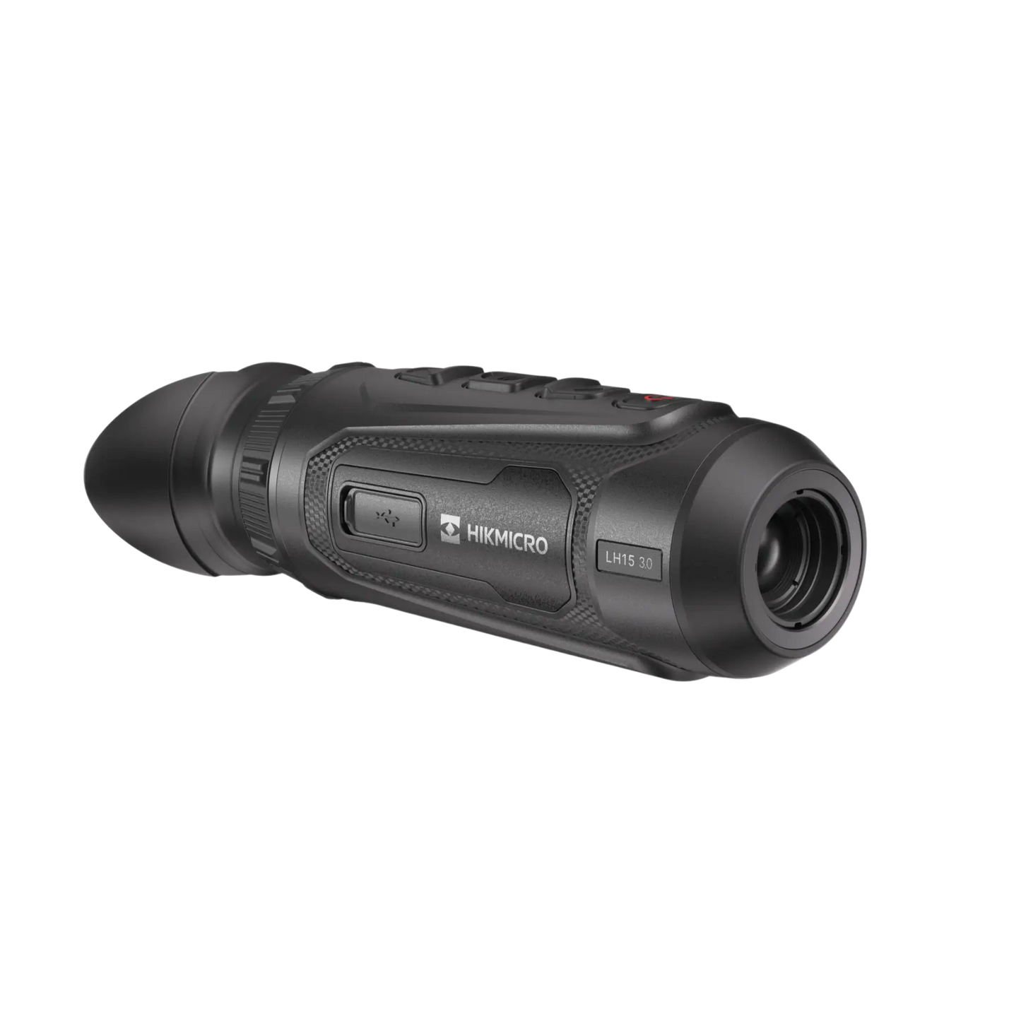 Front-left view of the Hikmicro Lynx LH15 3.0 thermal monocular, displaying the Hikmicro logo on the side body and the control buttons on the top.