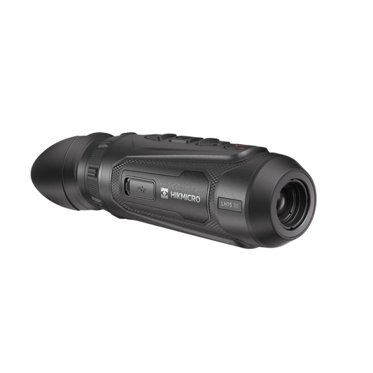 Front-left view of the Hikmicro Lynx LH15 3.0 thermal monocular, displaying the Hikmicro logo on the side body and the control buttons on the top.