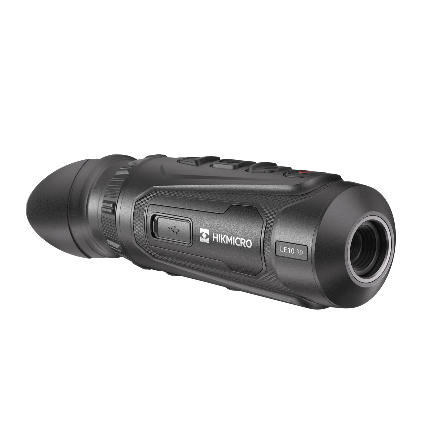 Hikmicro Lynx LE10 thermal monocular handheld device; compact black design with objective lens and top-mounted control buttons for hunting and security. Front Left view of thermal monocular with eye cup