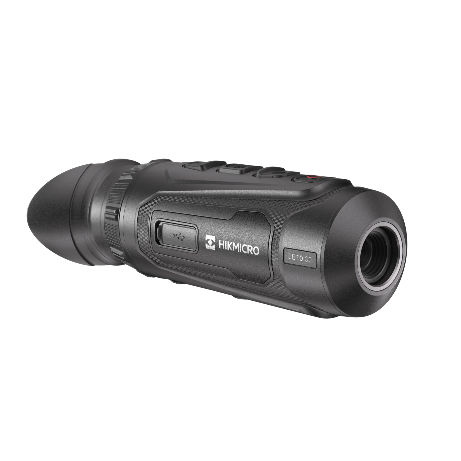 Hikmicro Lynx LE10 thermal monocular handheld device; compact black design with objective lens and top-mounted control buttons for hunting and security. Front Left view of thermal monocular with eye cup