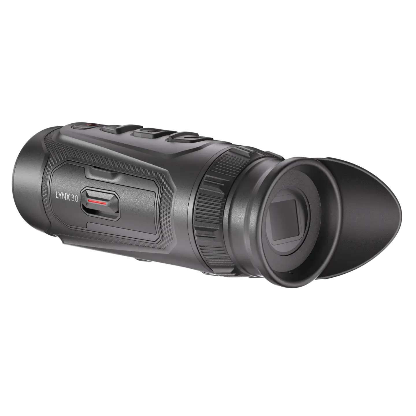 Hikmicro Lynx LE10 thermal monocular handheld device; compact black design with objective lens and top-mounted control buttons for hunting and security. Rear eft facing view showcasing the battery external compartment