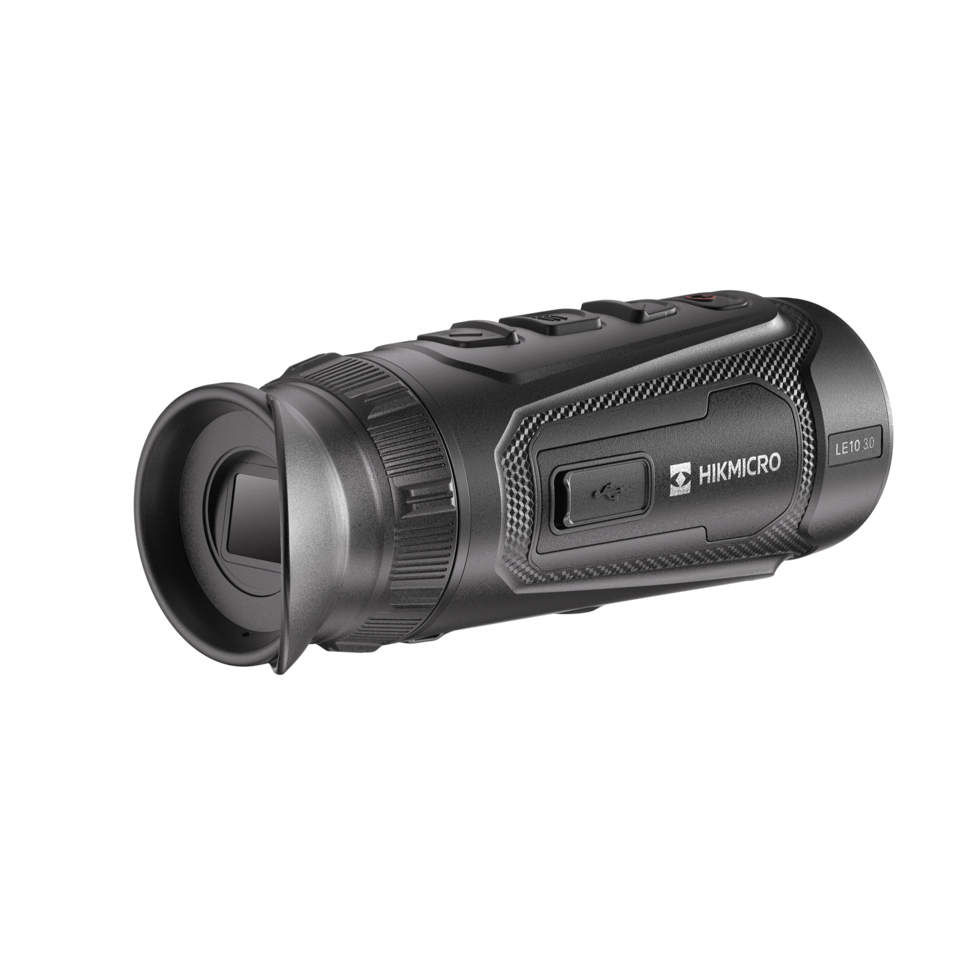 Hikmicro Lynx LE10 thermal monocular handheld device; compact black design with objective lens and top-mounted control buttons for hunting and security. Rear right view of thermal monocular showcasing eye-cup and Charging port with Hikmicro logo