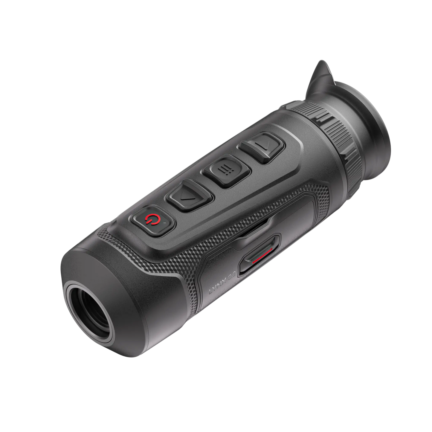 Hikmicro Lynx LE10 thermal monocular handheld device; compact black design with objective lens and top-mounted control buttons for hunting and security. Top view of thermal monocular with button layout