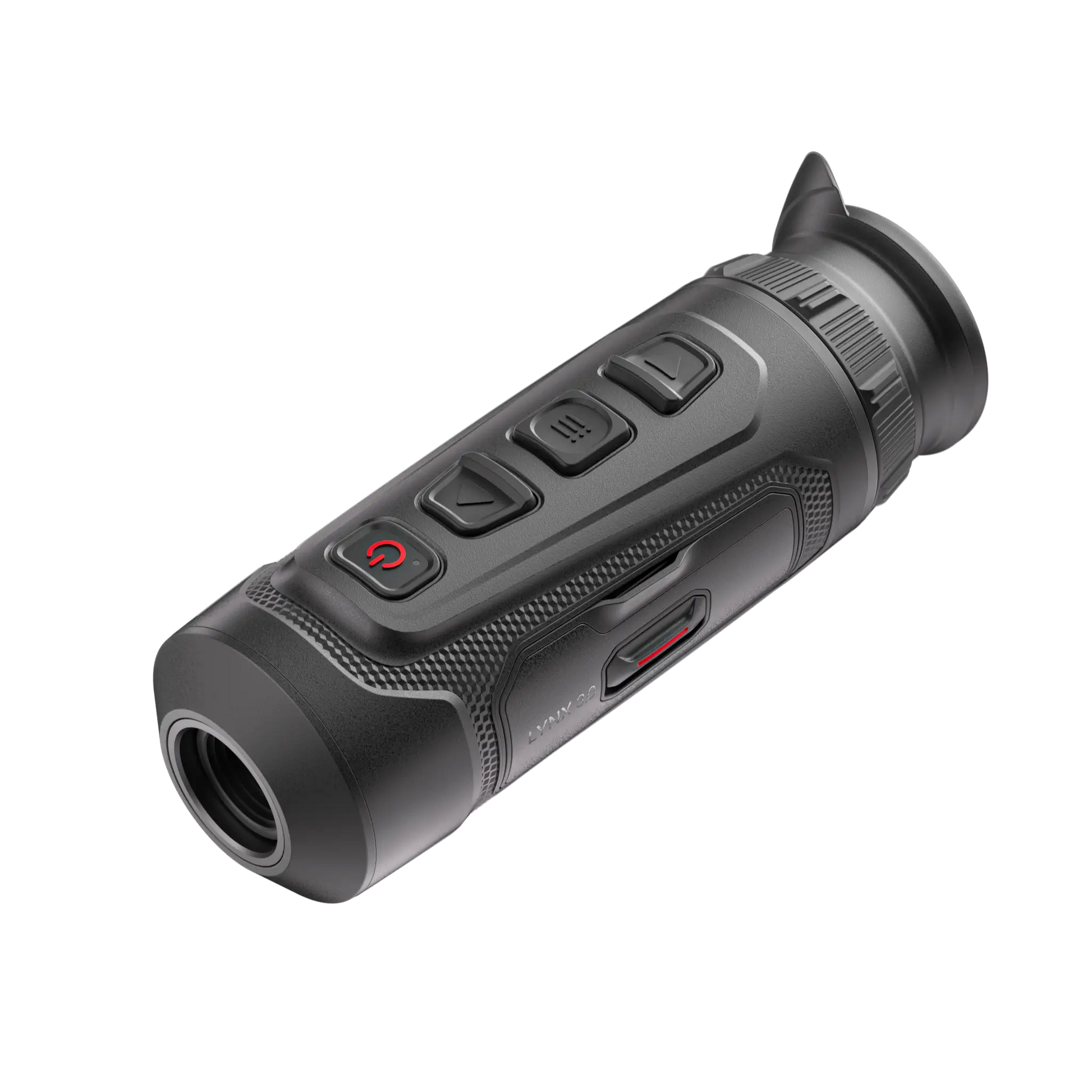 Hikmicro Lynx LE10 thermal monocular handheld device; compact black design with objective lens and top-mounted control buttons for hunting and security. Top view of thermal monocular with button layout
