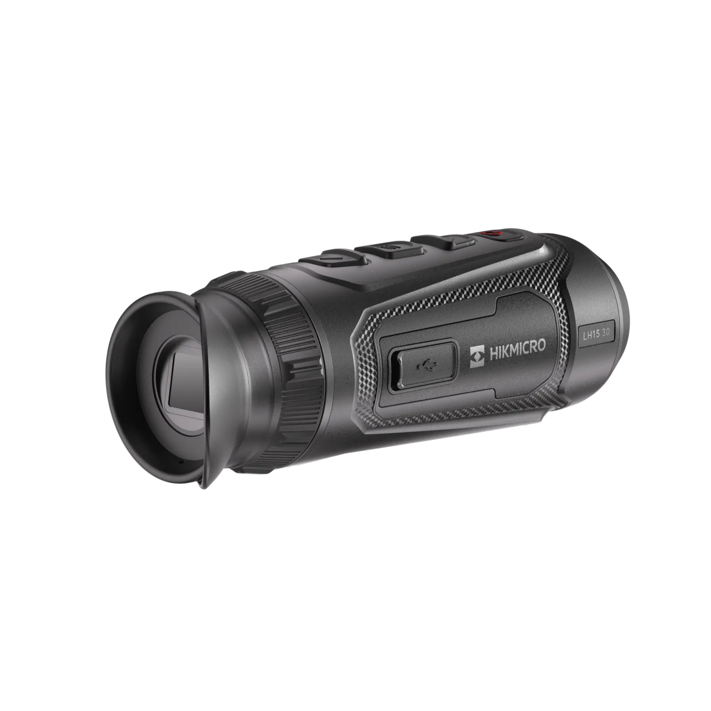 "Rear-right view of the Hikmicro Lynx LH15 3.0 thermal monocular, displaying the eyepiece screen and the Hikmicro logo on the side housing.