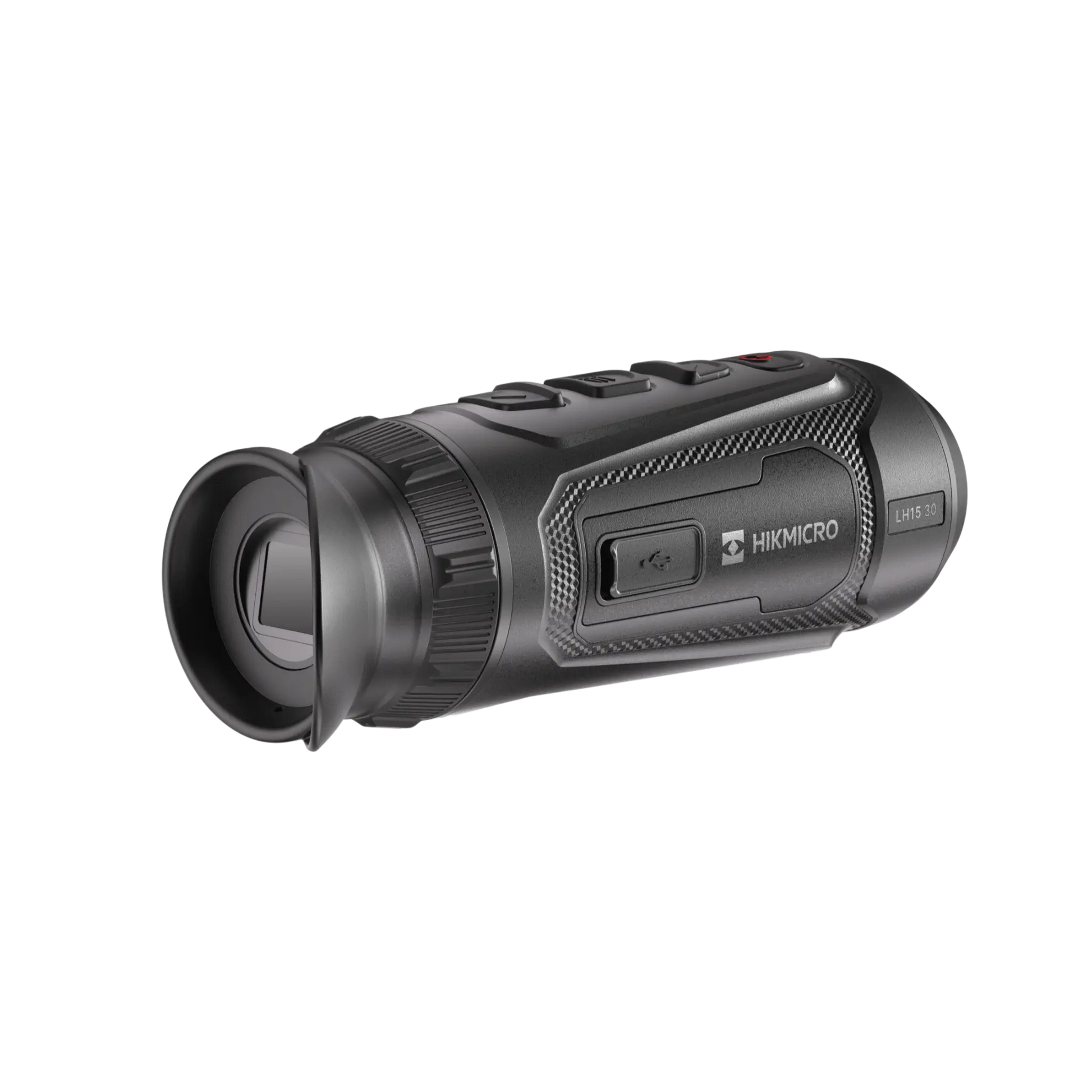 "Rear-right view of the Hikmicro Lynx LH15 3.0 thermal monocular, displaying the eyepiece screen and the Hikmicro logo on the side housing.