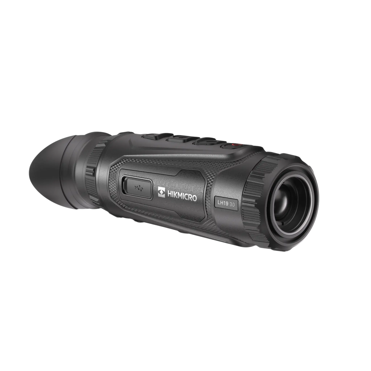 Front-right facing view of the Hikmicro Lynx LH19 3.0 Thermal Monocular, displaying the Hikmicro logo and model name on the rugged side housing.
