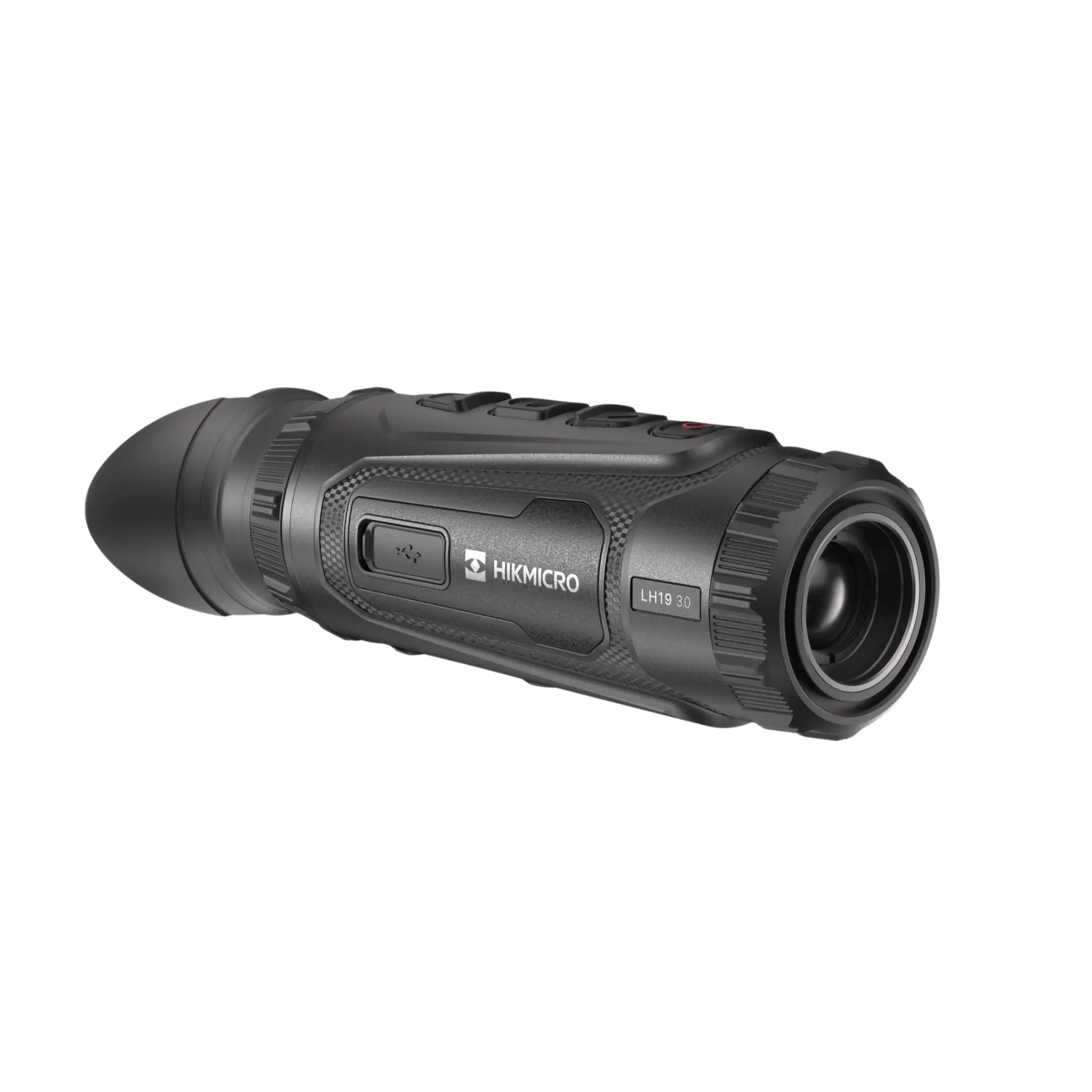 Front-right facing view of the Hikmicro Lynx LH19 3.0 Thermal Monocular, displaying the Hikmicro logo and model name on the rugged side housing.
