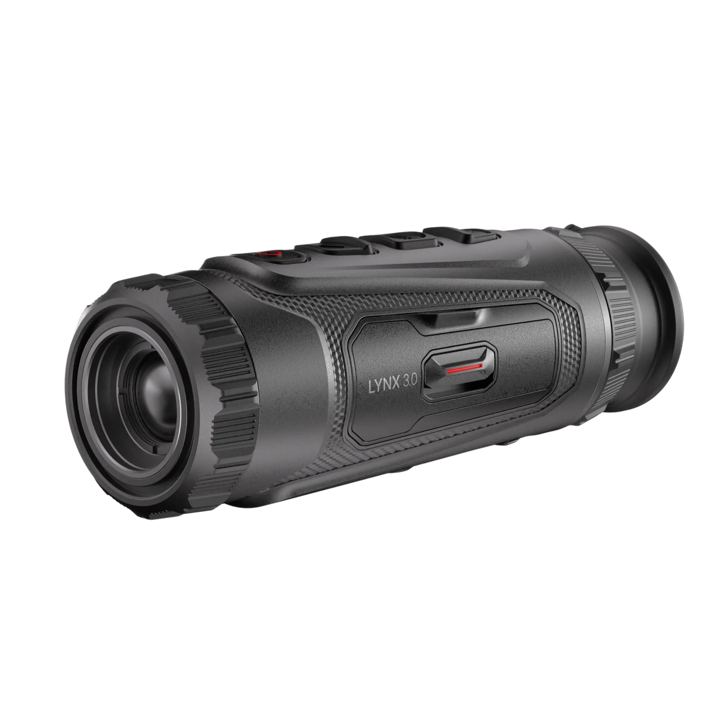 Hikmicro Lynx LH19 3.0 Thermal Monocular, front-left facing view, displaying the manual thermal focus ring on the objective lens, the visible model name, and the rugged textured finish of the housing.