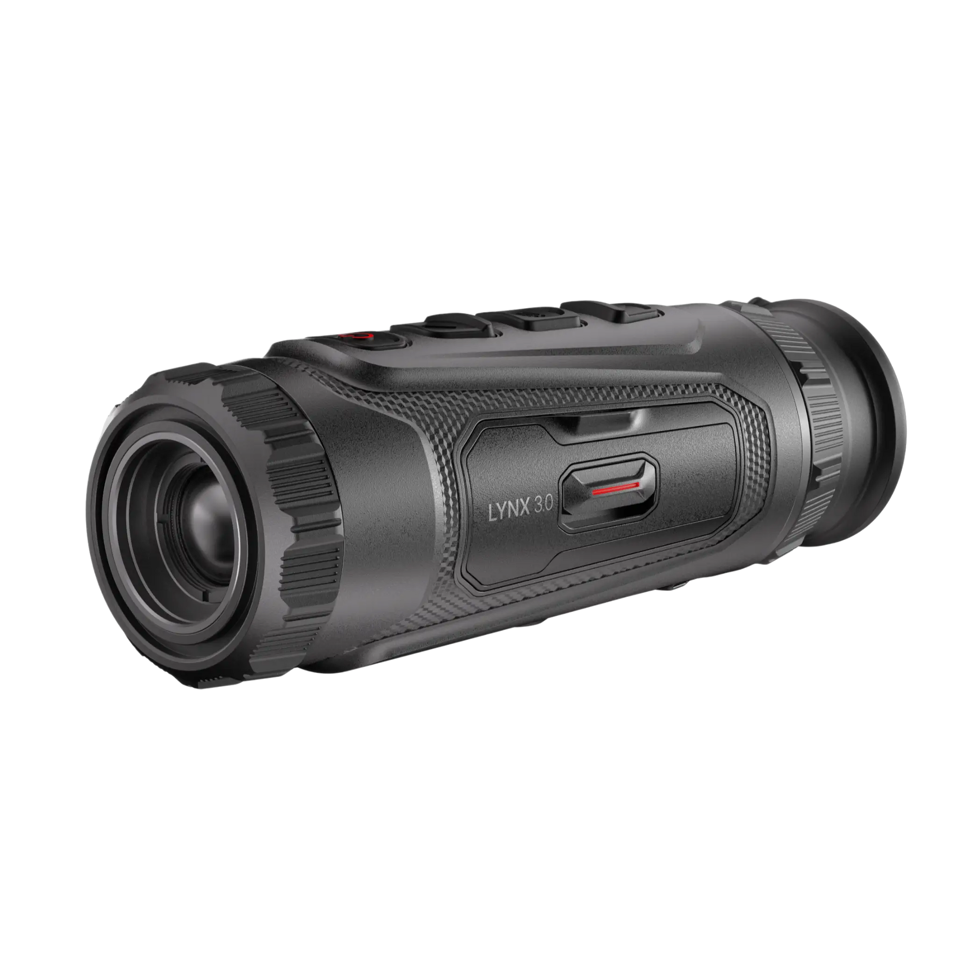 Hikmicro Lynx LH19 3.0 Thermal Monocular, front-left facing view, displaying the manual thermal focus ring on the objective lens, the visible model name, and the rugged textured finish of the housing.