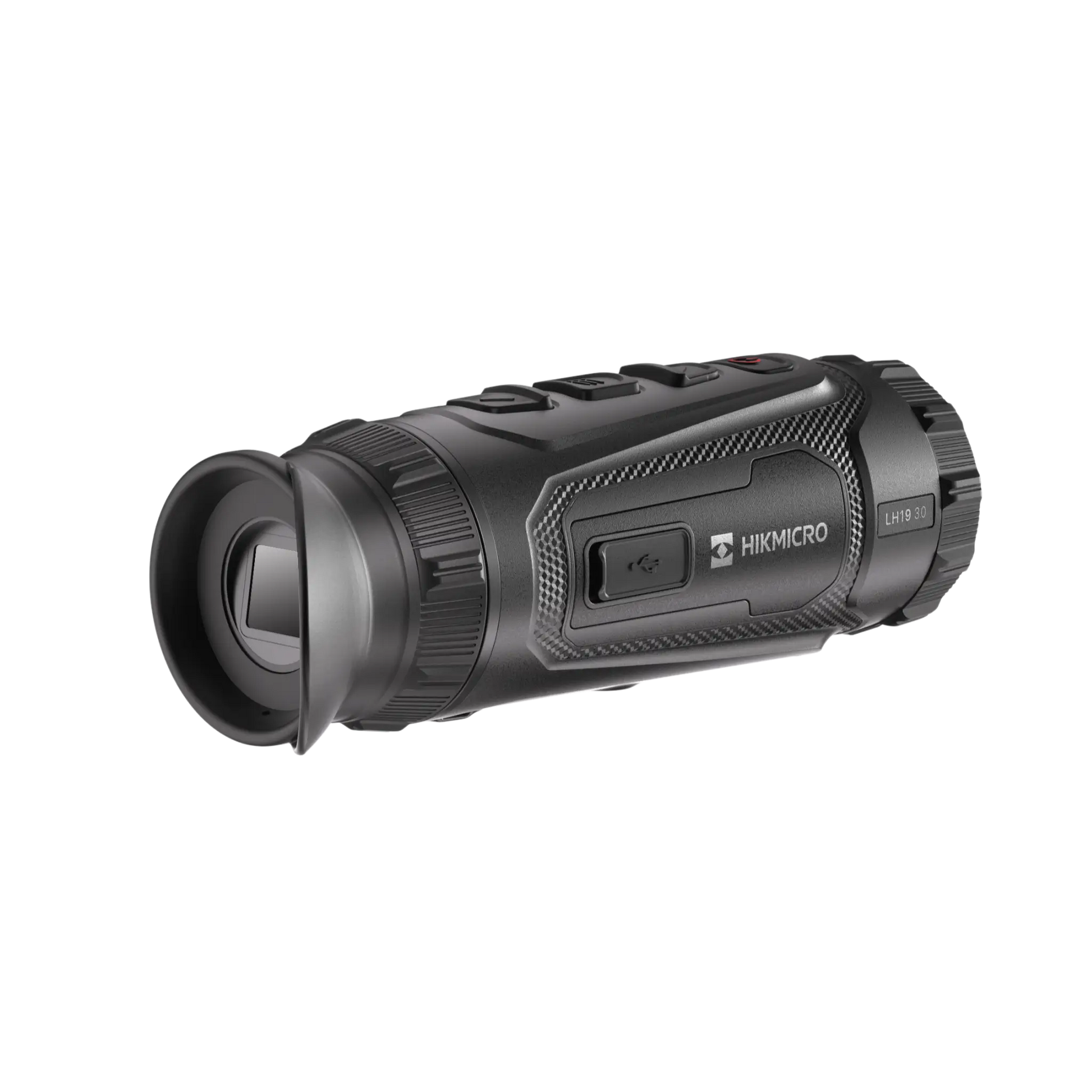 Rear view of the Hikmicro Lynx LH19 3.0 Thermal Monocular, displaying the Hikmicro logo, the high-resolution AMOLED eyepiece display, and the rear diopter ring for eye focusing