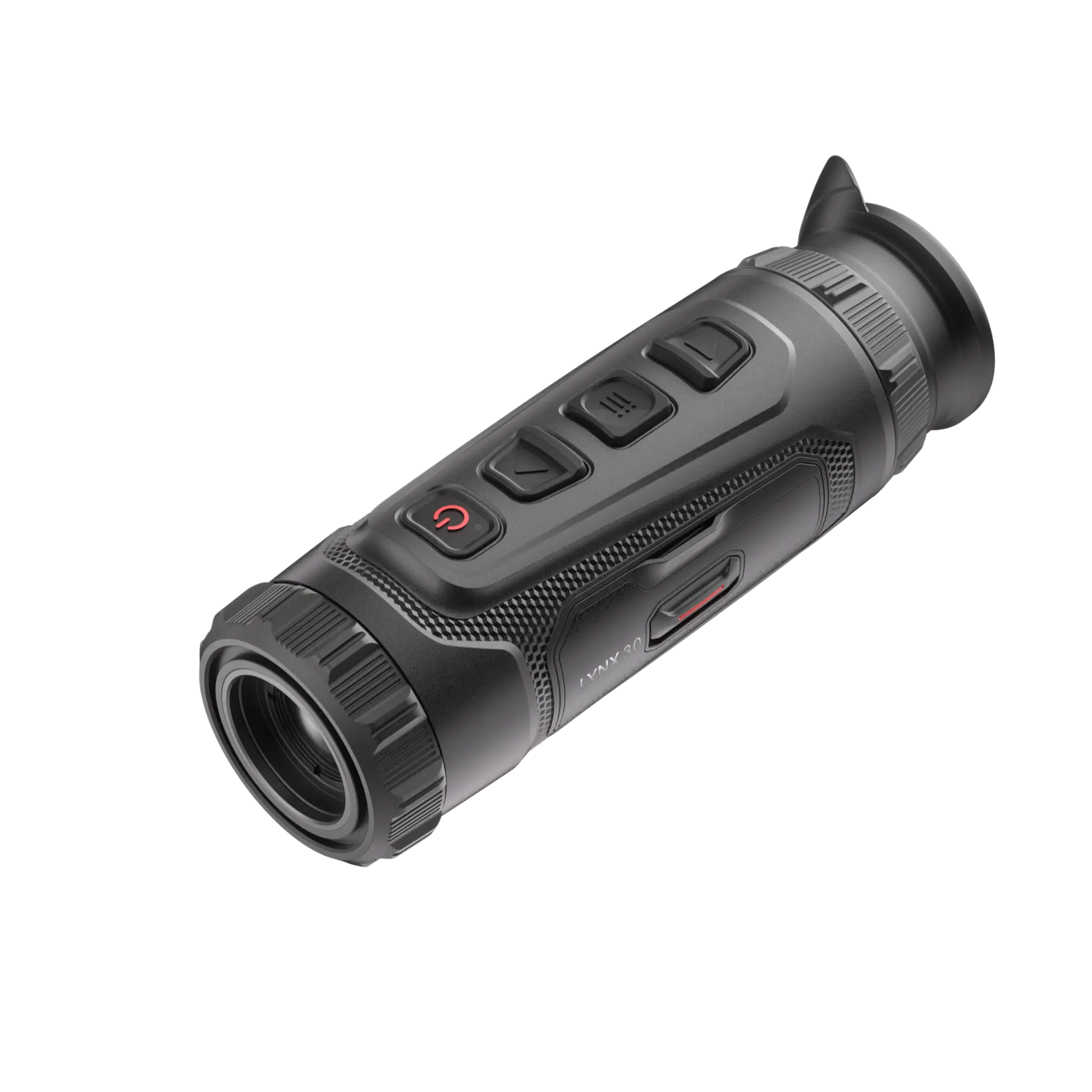 Top-down view of the Hikmicro Lynx LH19 3.0 Thermal Monocular, displaying the user control interface with the power, menu, record, and zoom buttons.