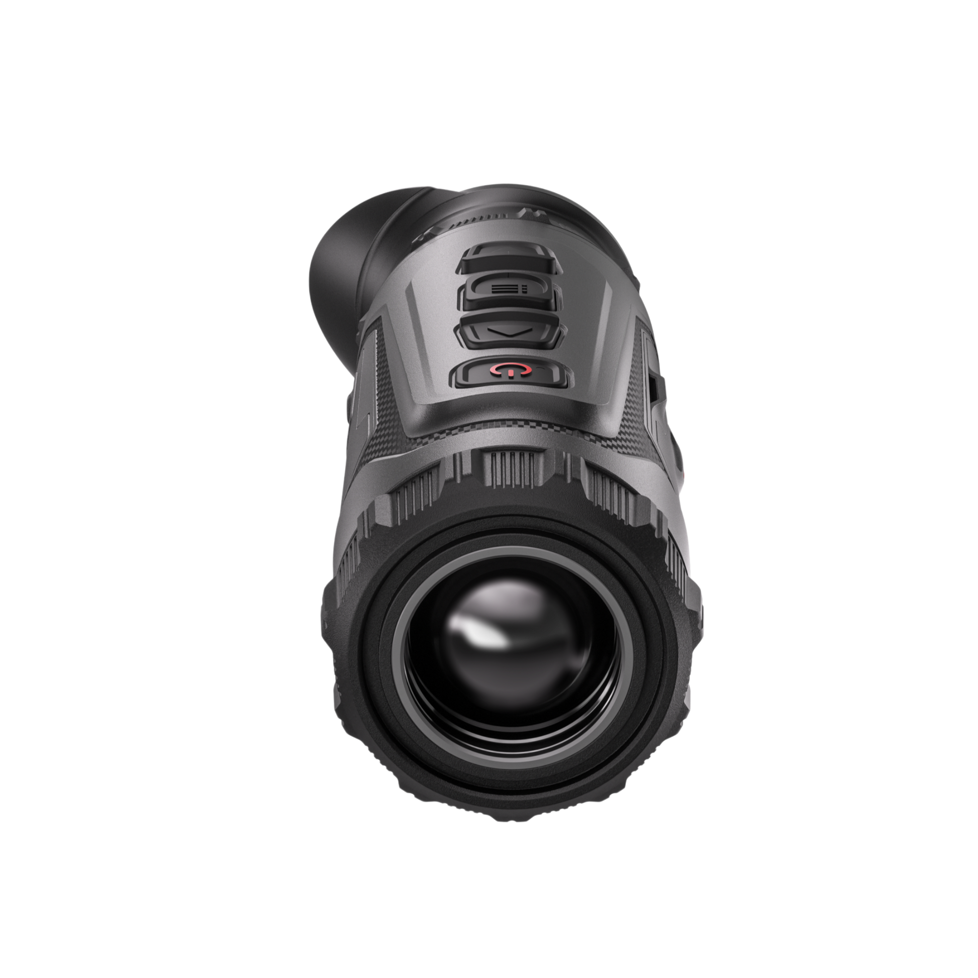 Front forward-facing view of the Hikmicro Lynx LH25 3.0 Thermal Monocular, displaying the 25mm objective lens, manual focus ring, and top-mounted control buttons.