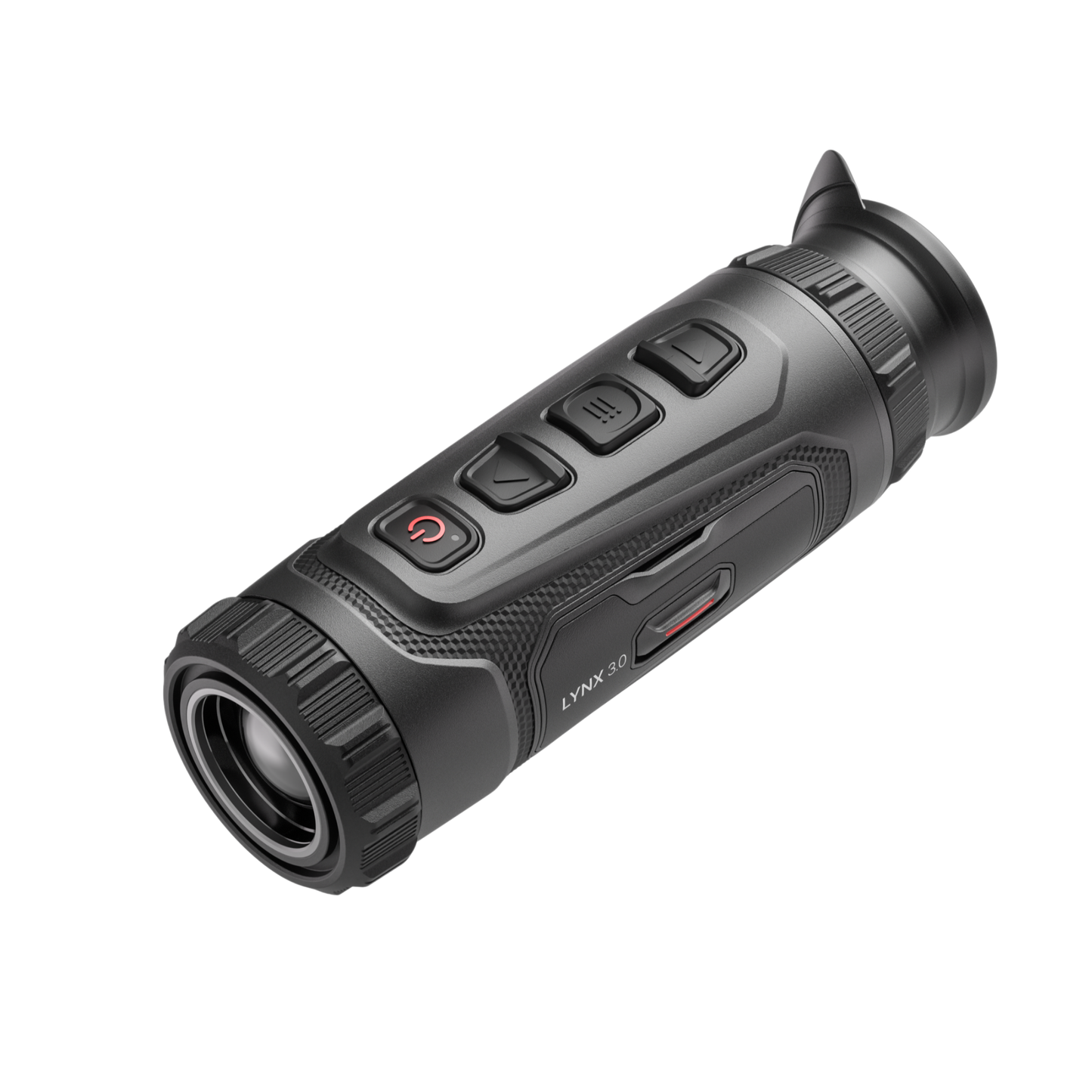 Hikmicro Lynx LH25 3.0 Thermal Monocular, top-down front-right facing view, showcasing the main control interface with the Power, Menu, Recording, and Zoom buttons arranged on the upper housing.