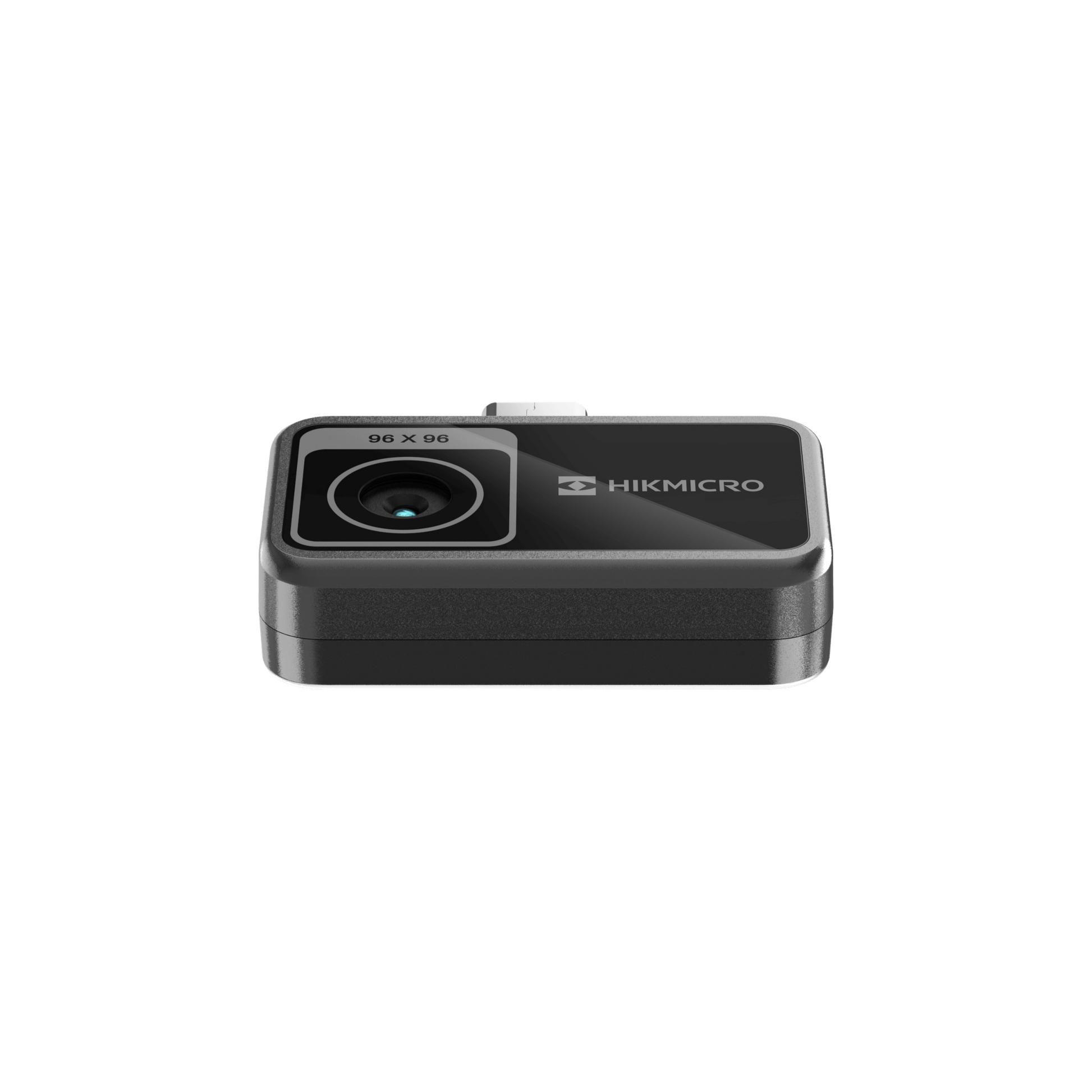 Front view of the HIKMICRO MiniE smartphone thermal camera highlighting the 1.35mm lens for home inspection and HVAC diagnostics.