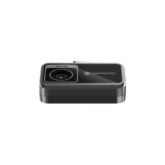 Front view of the HIKMICRO MiniE smartphone thermal camera highlighting the 1.35mm lens for home inspection and HVAC diagnostics.