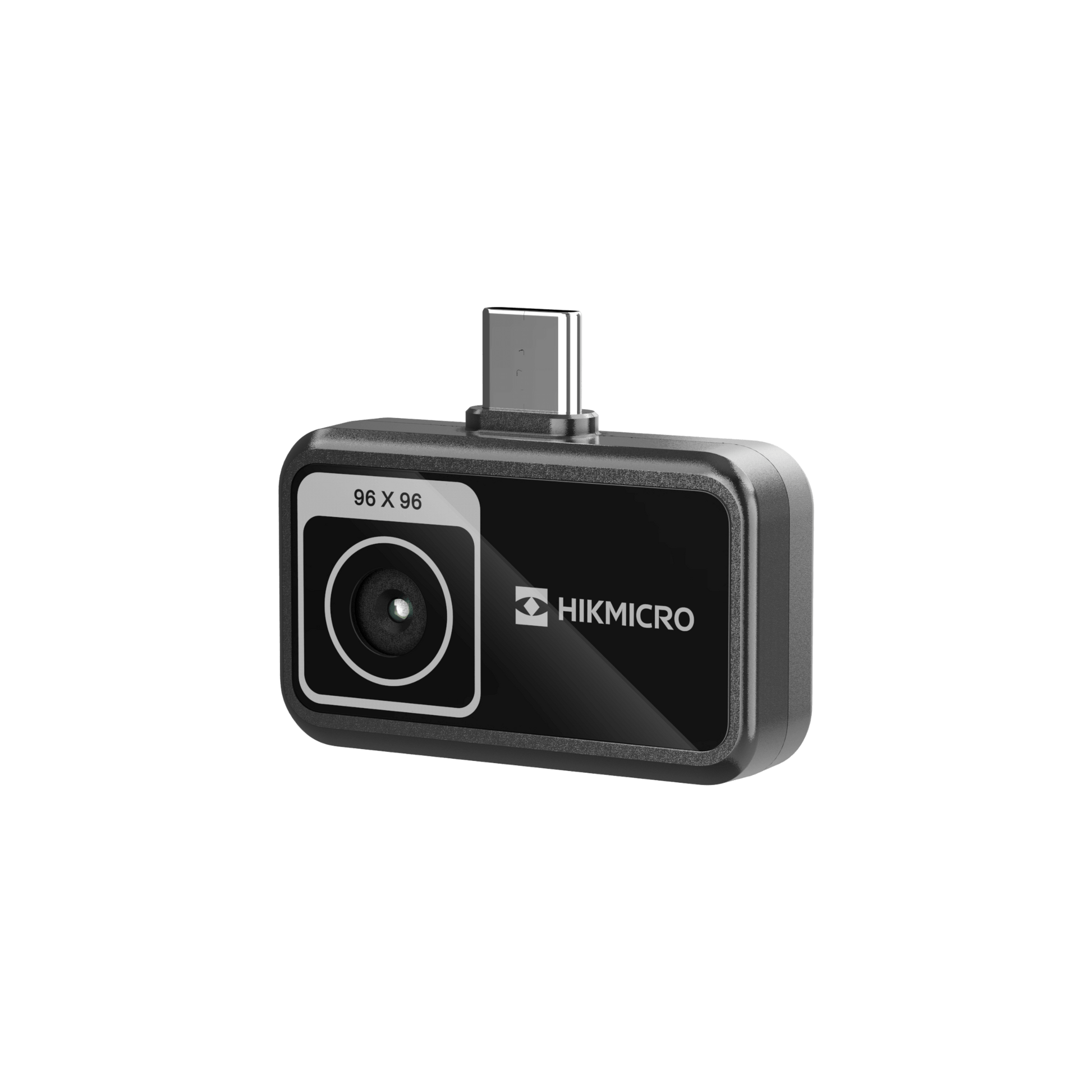 HIKMICRO MiniE thermal module front left view with 1.35mm thermal lens and usb-c connection